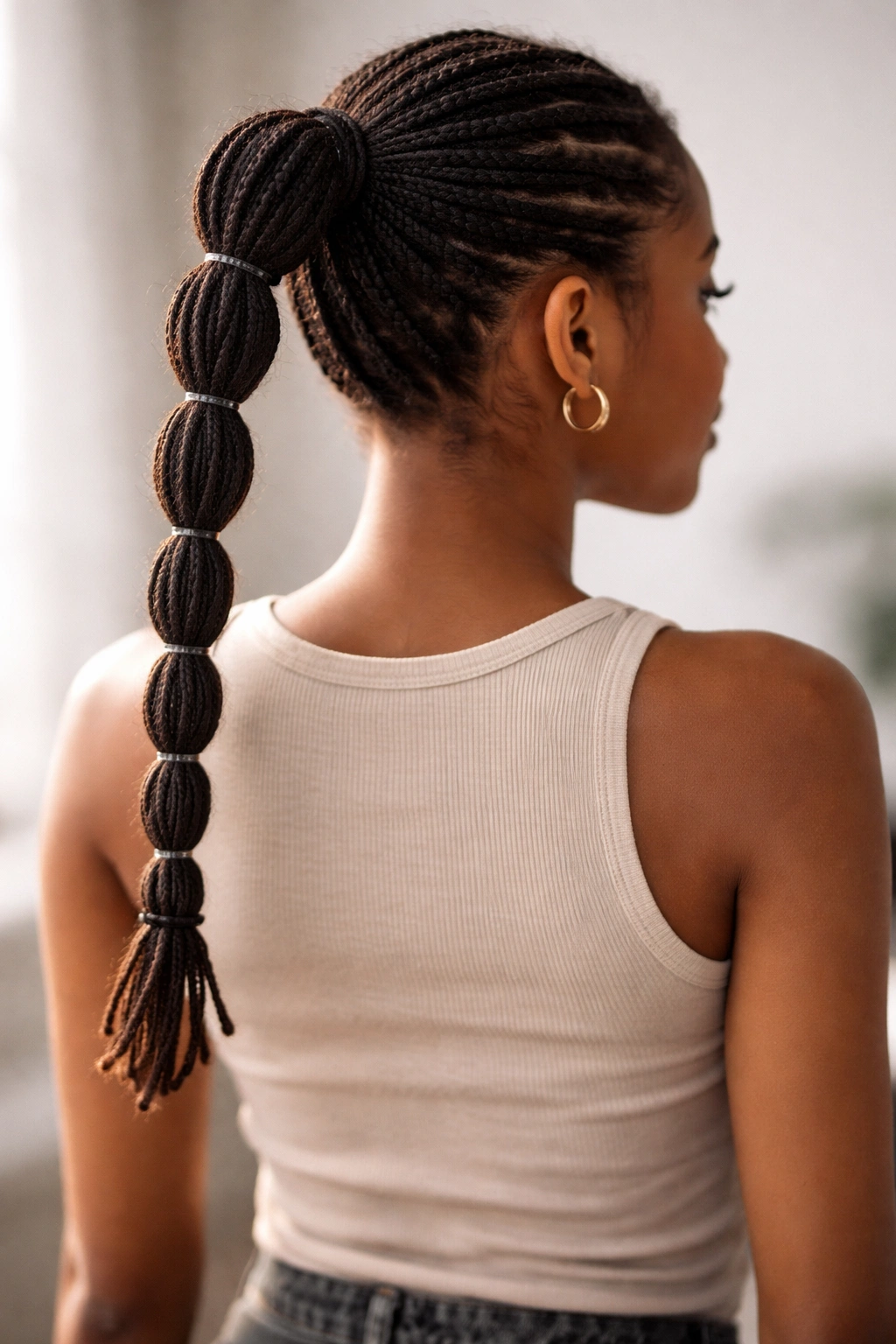 Close view of micro-bubble loc ponytail with many tiny bubbles and elastics along the length