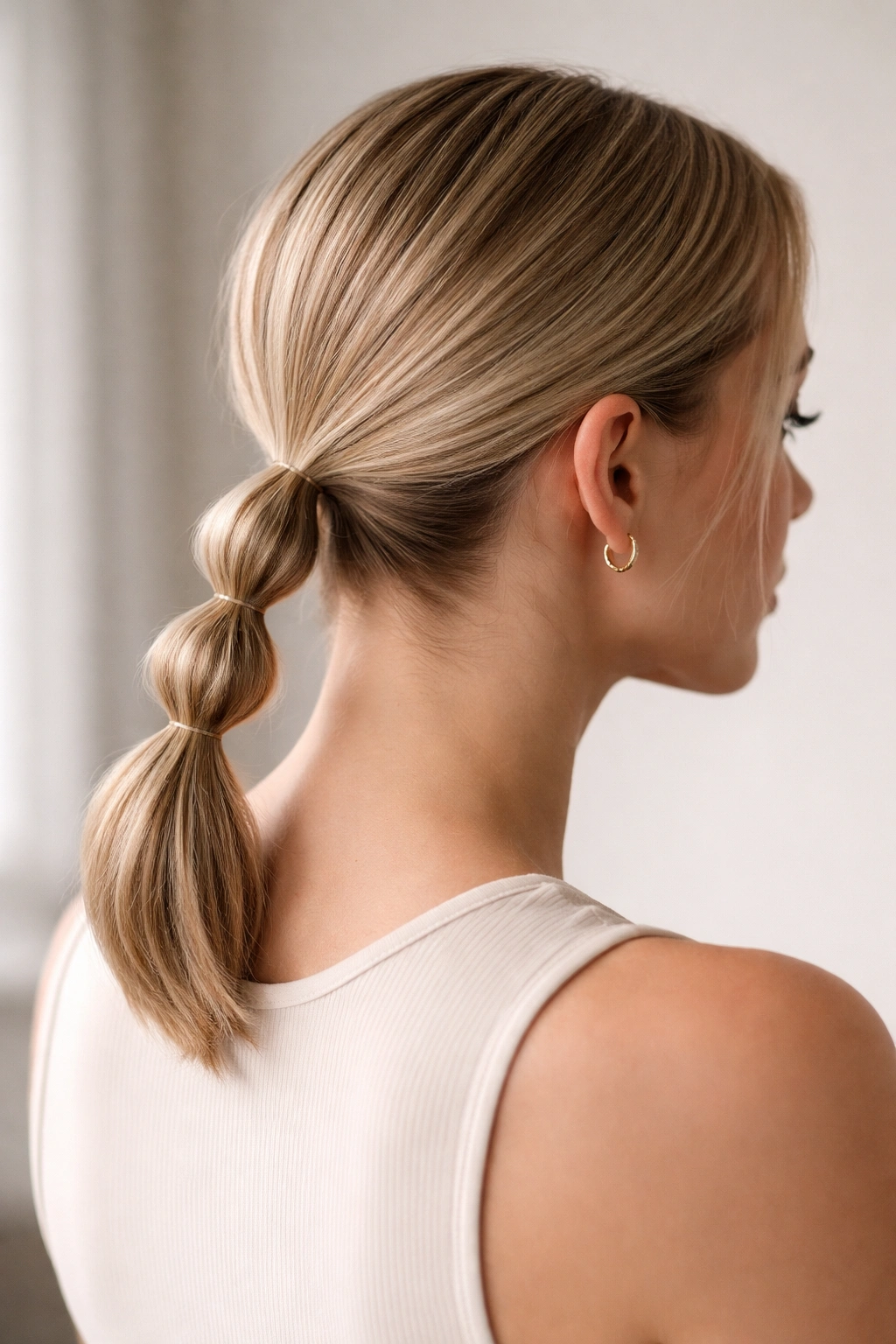 Close-up of a micro-bubble low ponytail showing tiny, neat bubbles.