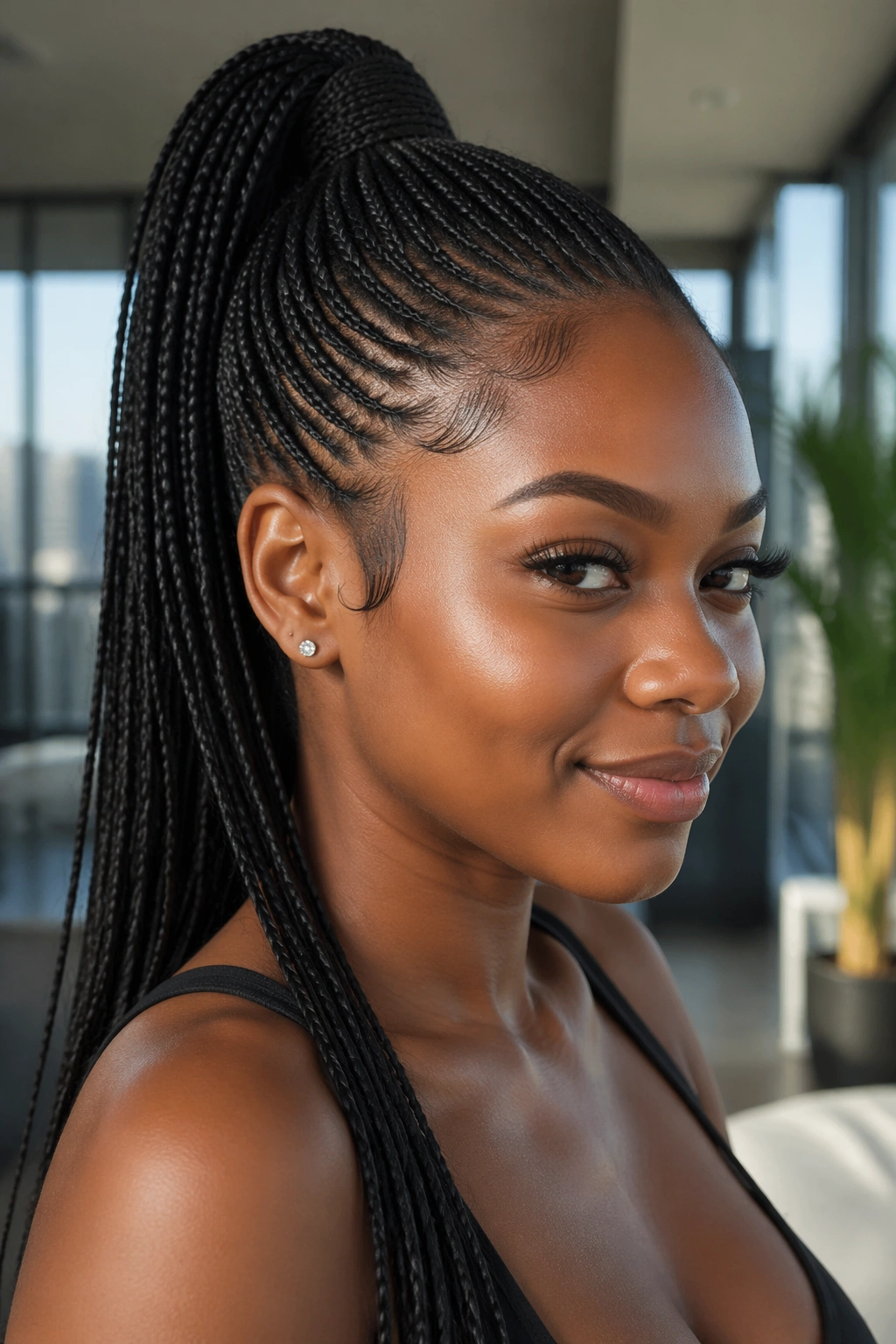 Close-up of a Black woman with micro cornrows into a high ponytail