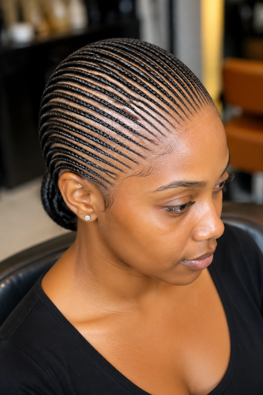 Close-up of a real woman with twenty micro straight-back cornrows