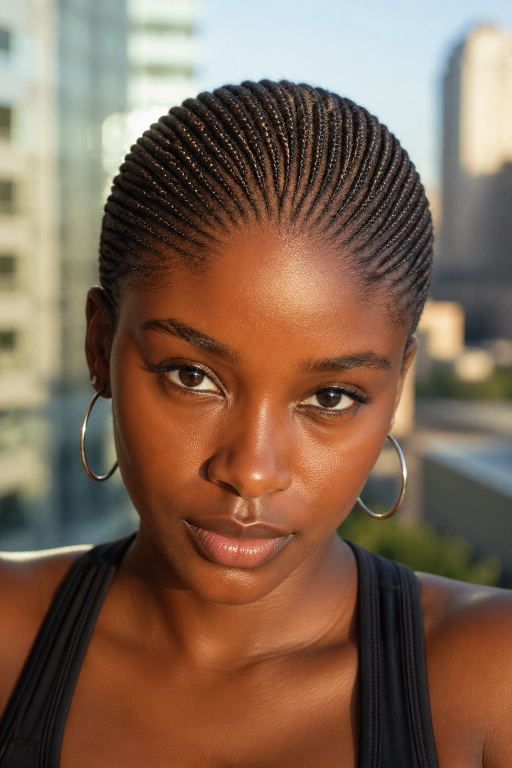 Extreme close-up of a real woman's scalp covered in micro cornrows all over