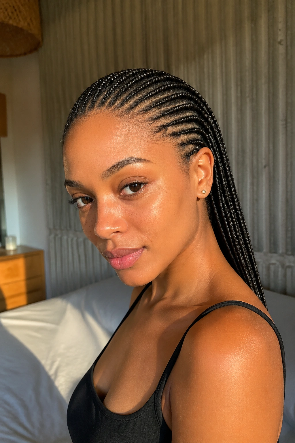 Dozens of micro cornrows running straight back on a real person