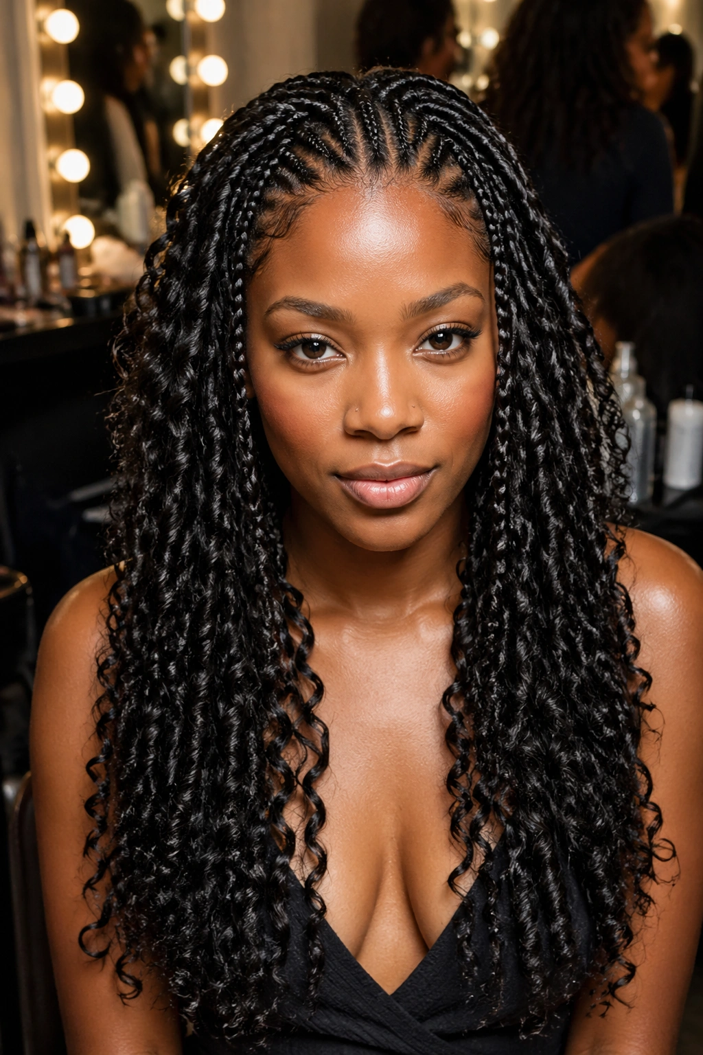 Dense micro cornrows transitioning to butterfly locs on real woman, backstage lighting