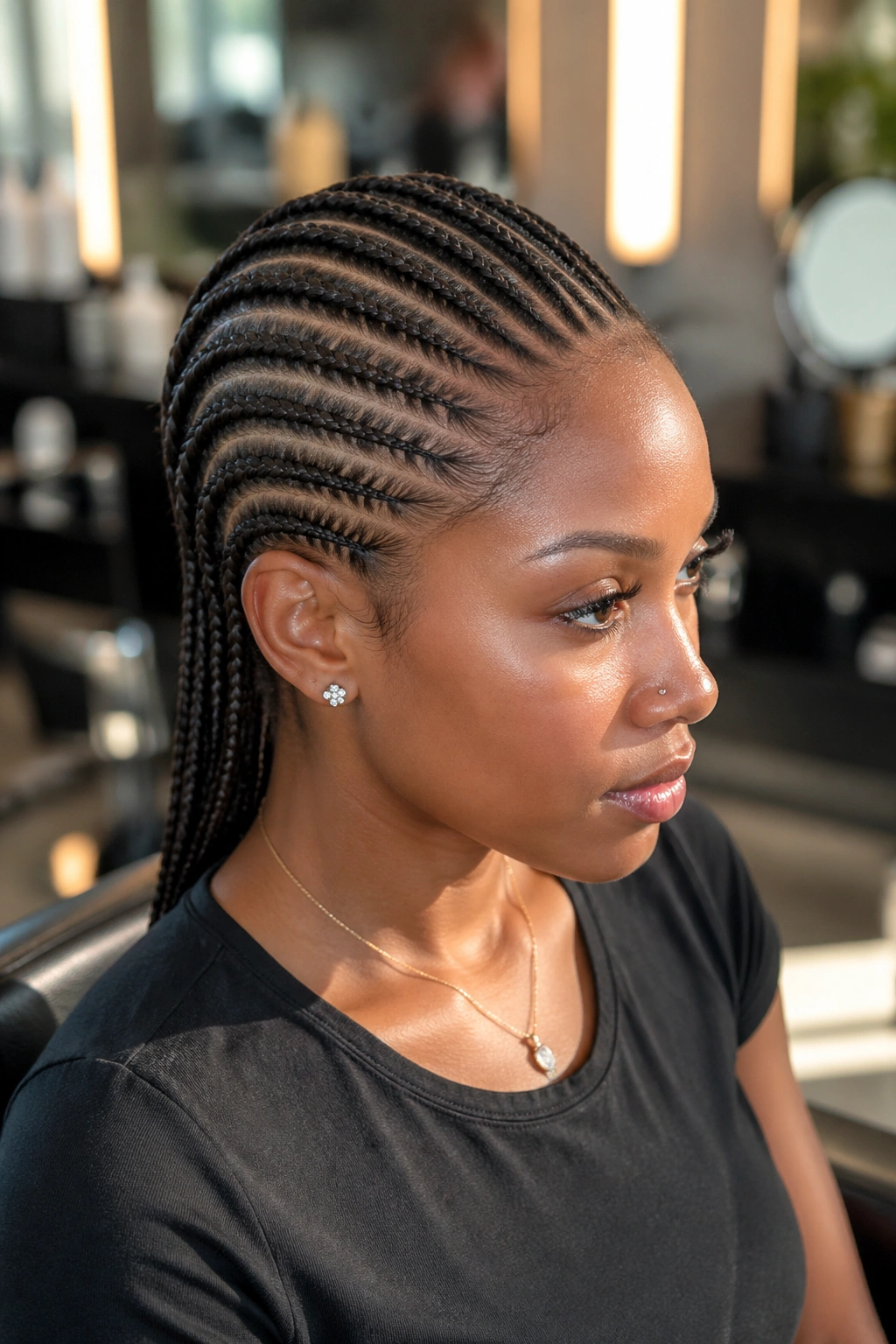 Close-up of a real woman with twelve micro all-back cornrows from hairline to back