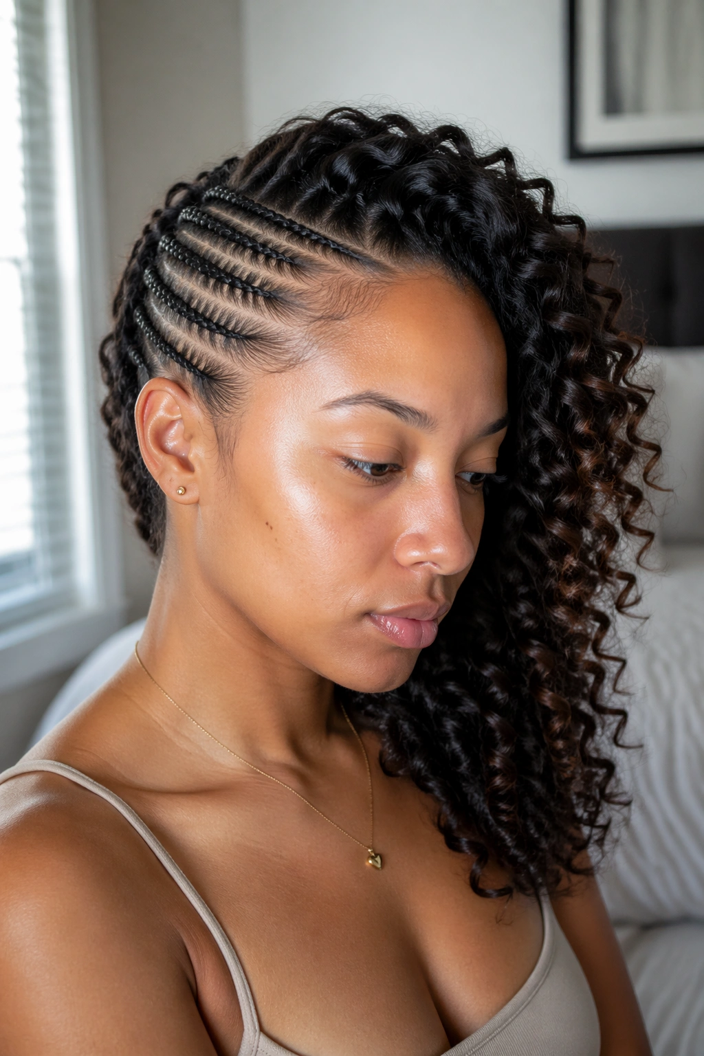 Close-up of a real woman with micro cornrows and flexi-rod curls