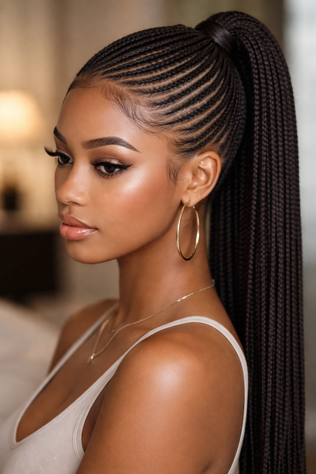 Tiny micro-cornrows swept to the side