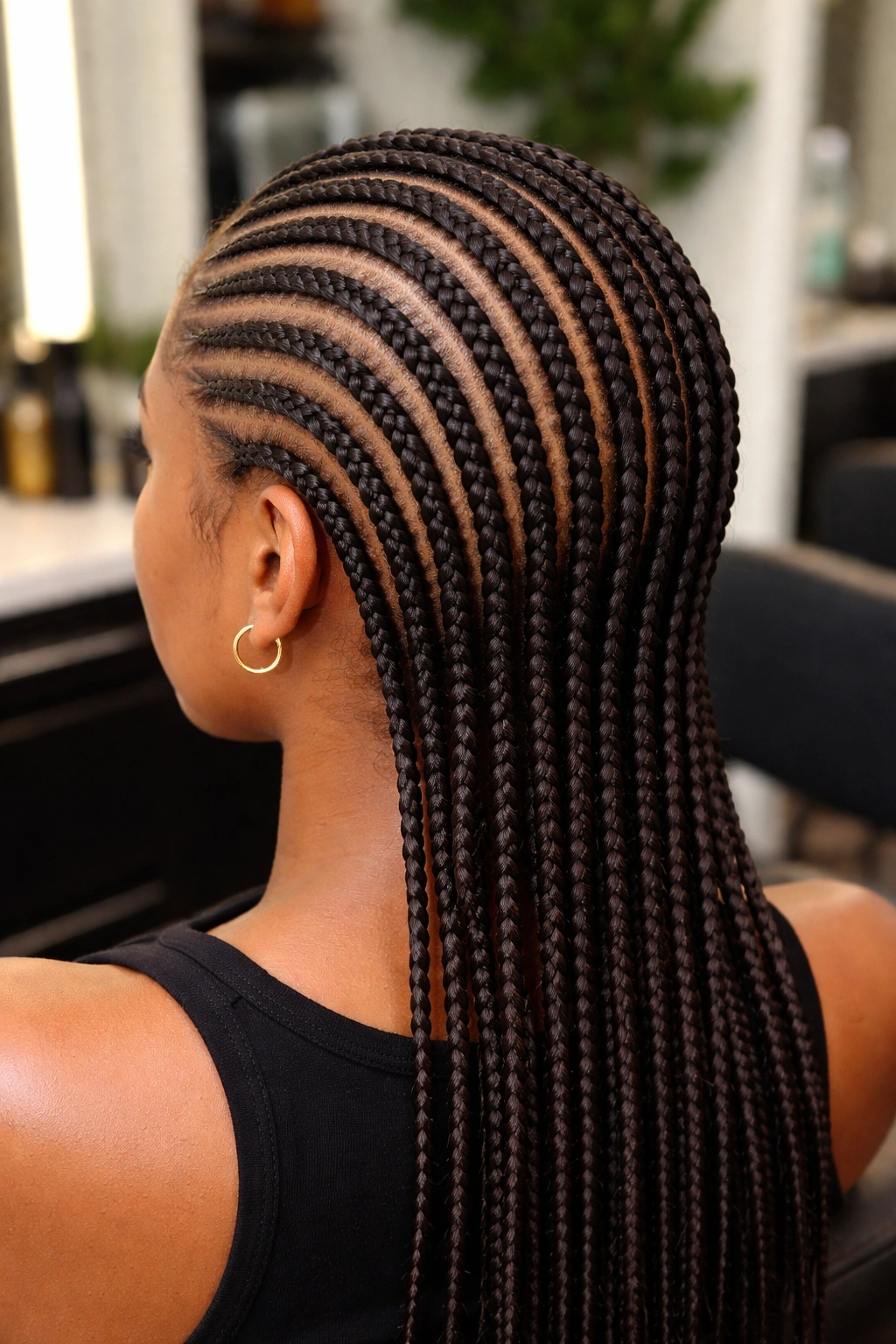 Close-up of real person with twelve micro straight-back cornrows across the scalp