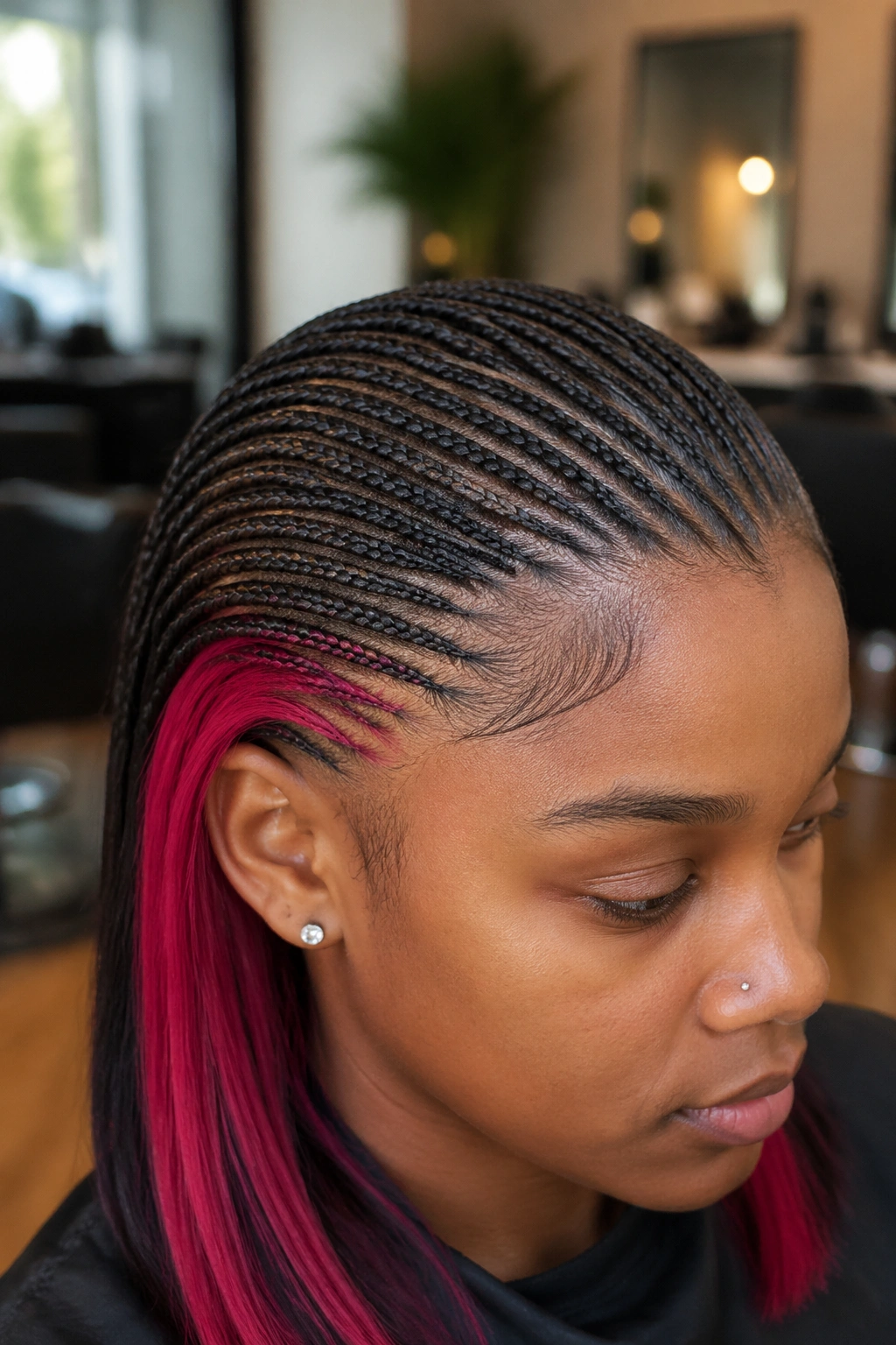 Close-up of micro cornrows over a bright underlayer on a real person in a hair salon