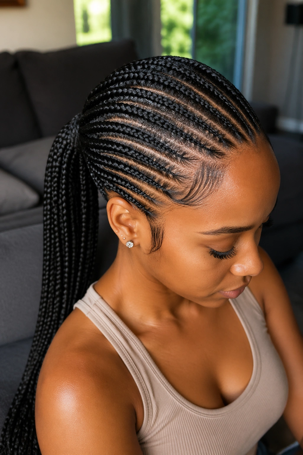 Close-up of a real woman with micro feed-in braids and a smooth low ponytail.