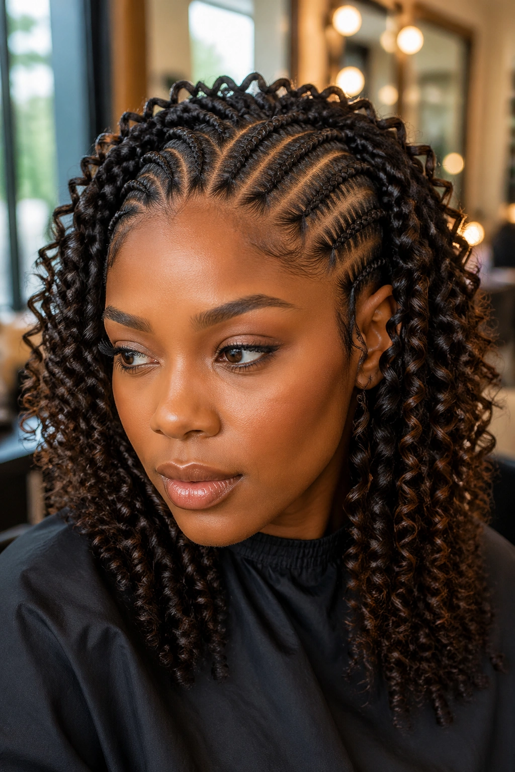 Close-up of a real woman with micro feed-in cornrows ending in spiraled curls.