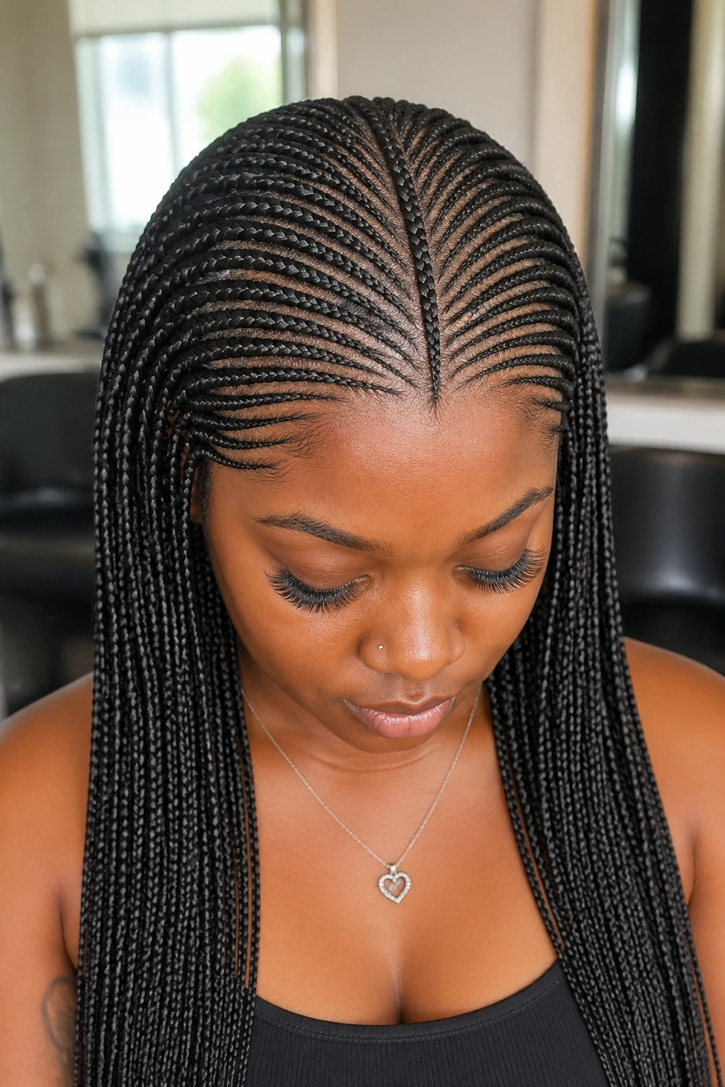 Close-up of a real woman's head showing numerous micro braids feeding into a center spine.