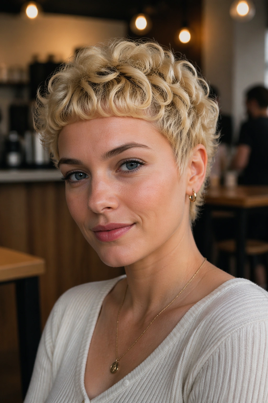 Close-up of a real woman with a micro-fringe blonde curl crop.