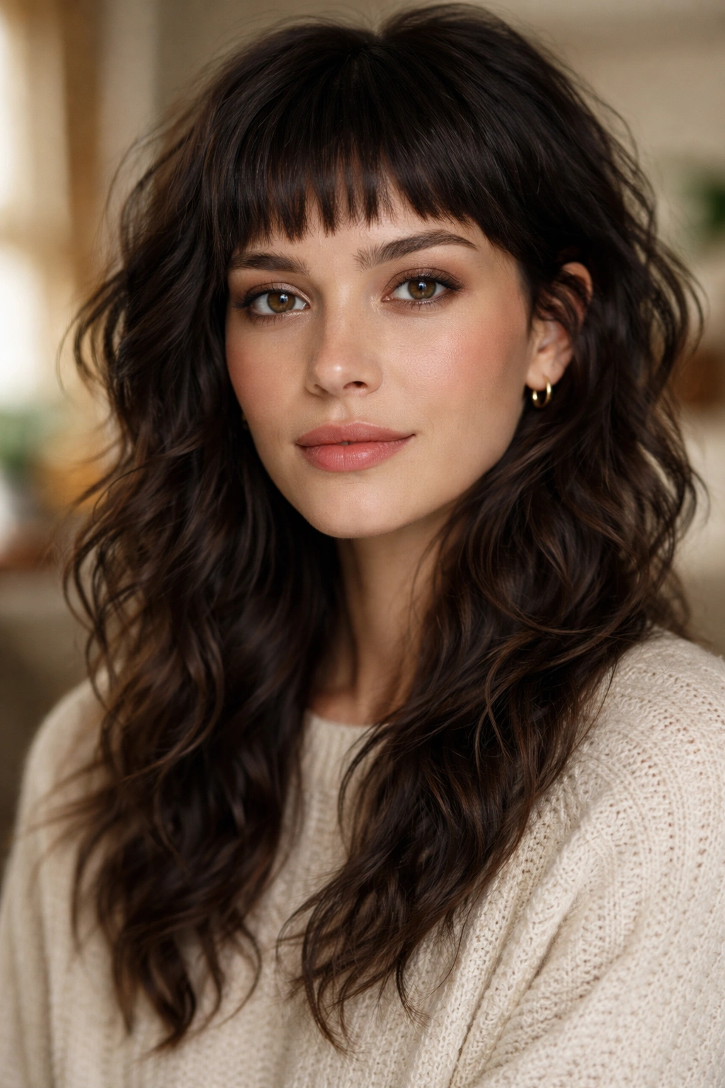 Close-up of a real person with micro fringe wolf cut in cozy indoor light