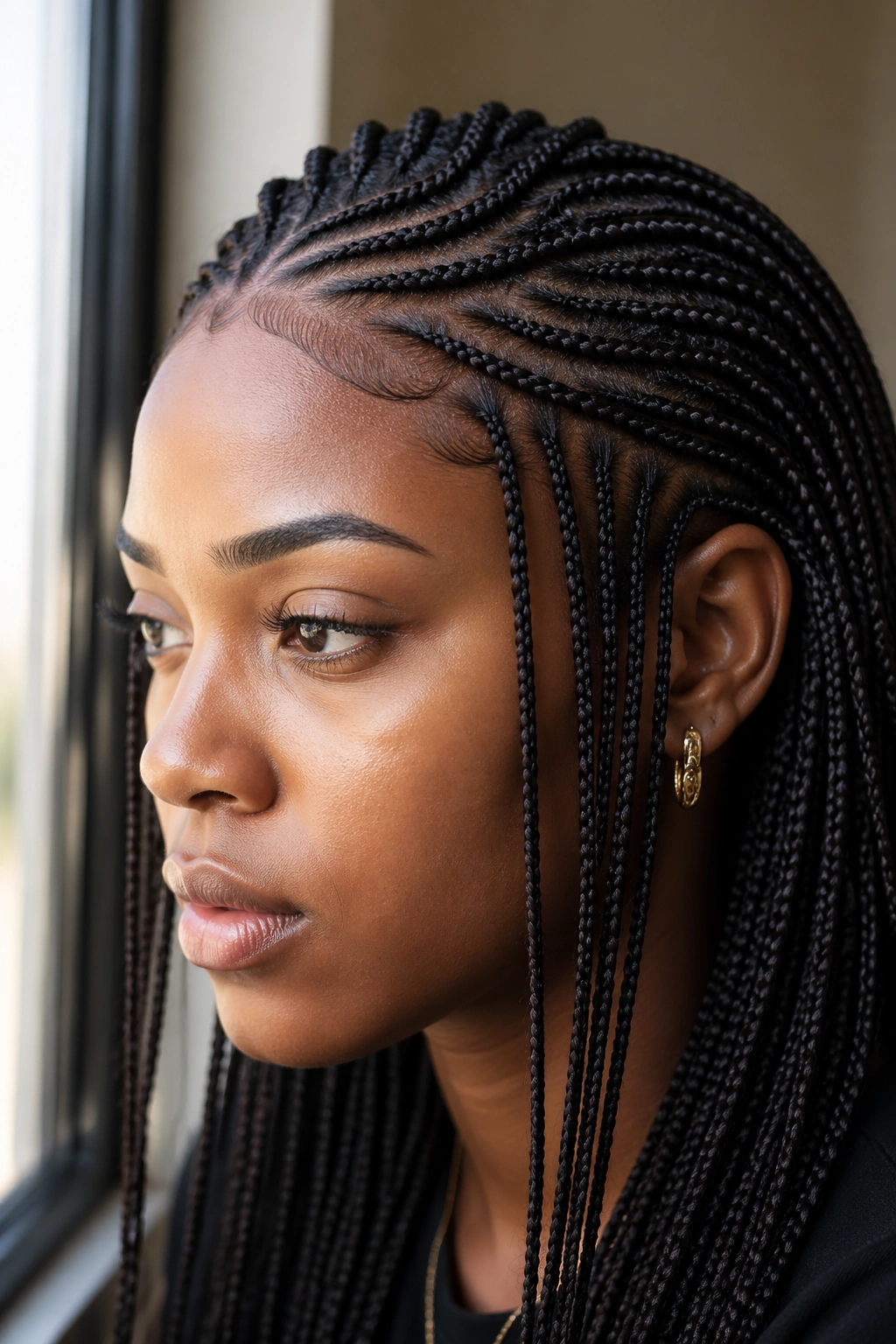 Extreme close-up of real woman with micro Fulani box braids