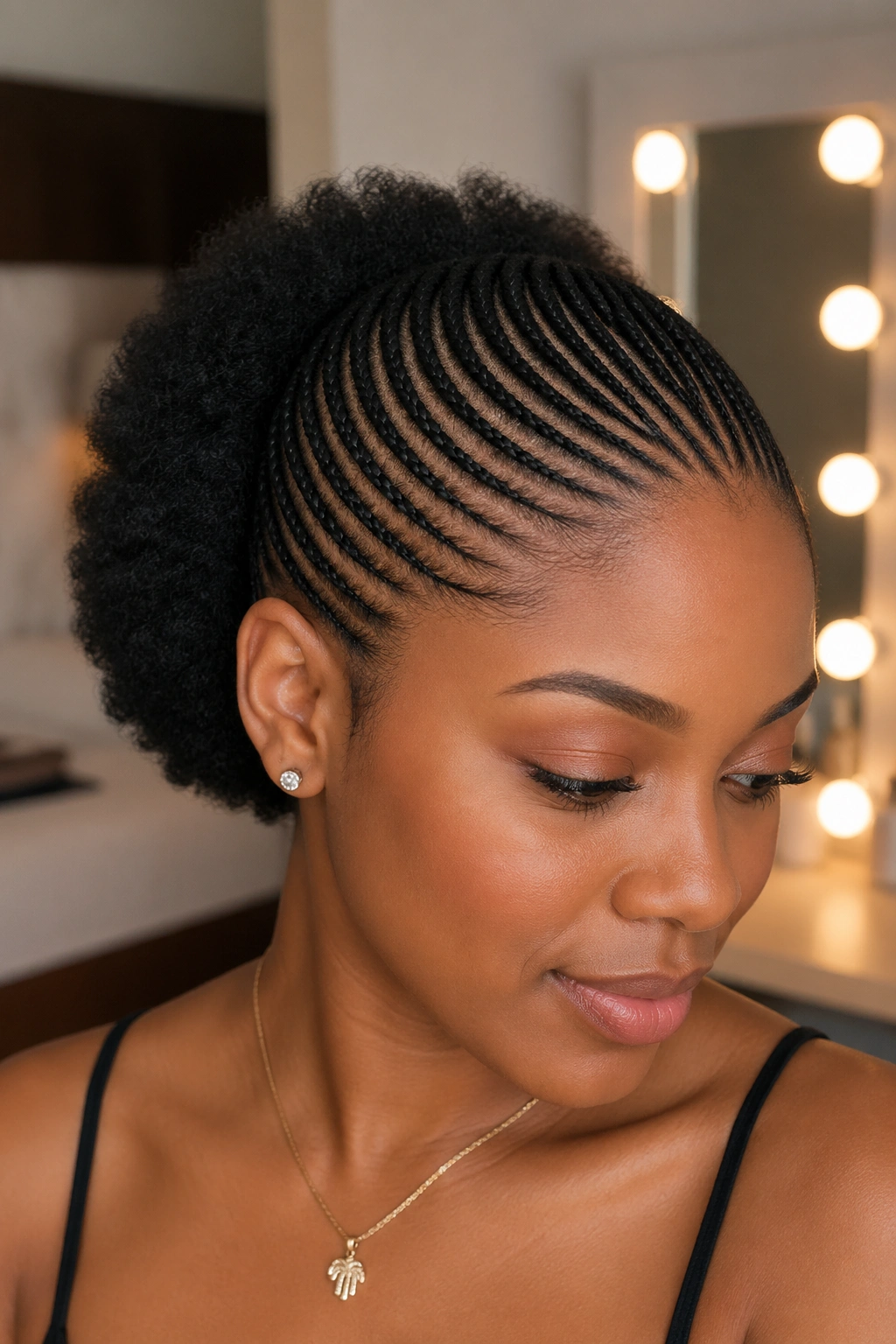 Close-up of micro half cornrows on the crown with sleek top and natural back