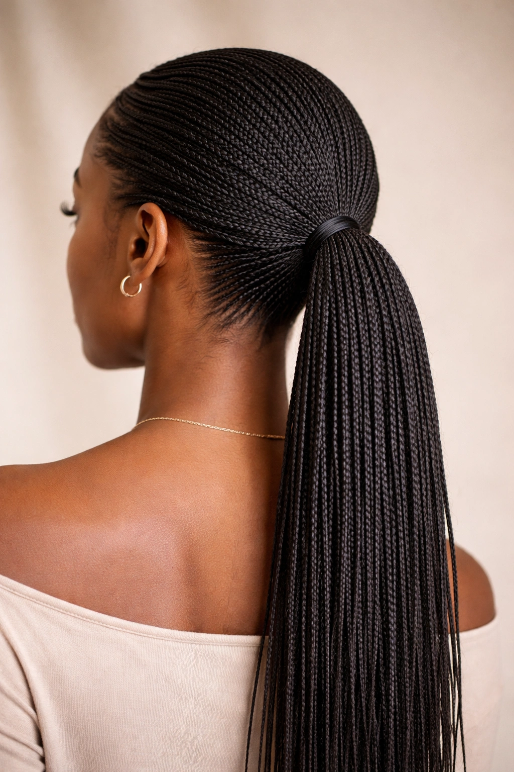Close-up of micro knotless braids pulled into a low ponytail