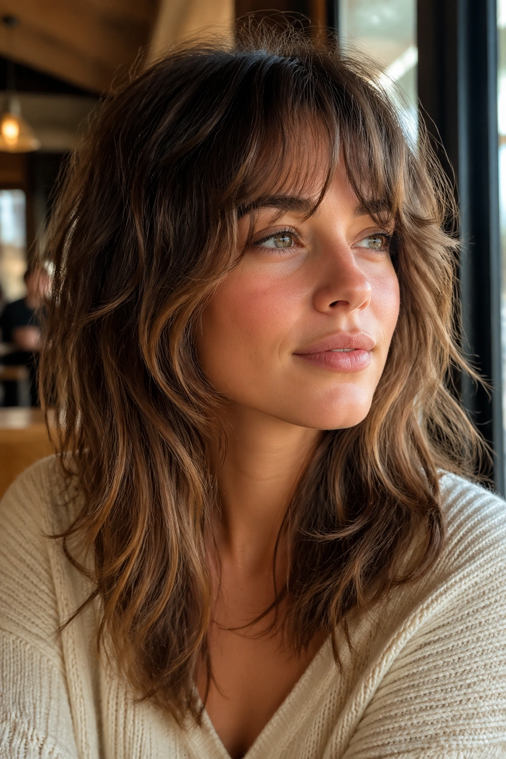 Close-up portrait of a real woman with a piecey micro-layer shag in a cafe setting.