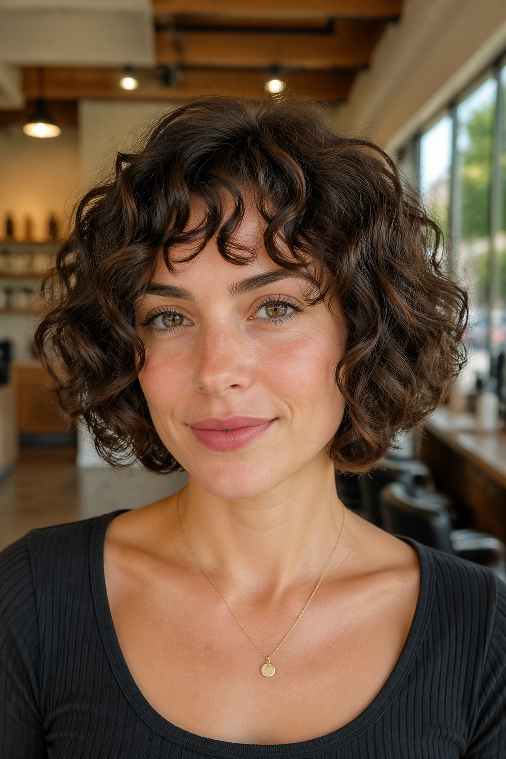 Close-up portrait of a real person with a micro-layered bob for fine curls in natural light