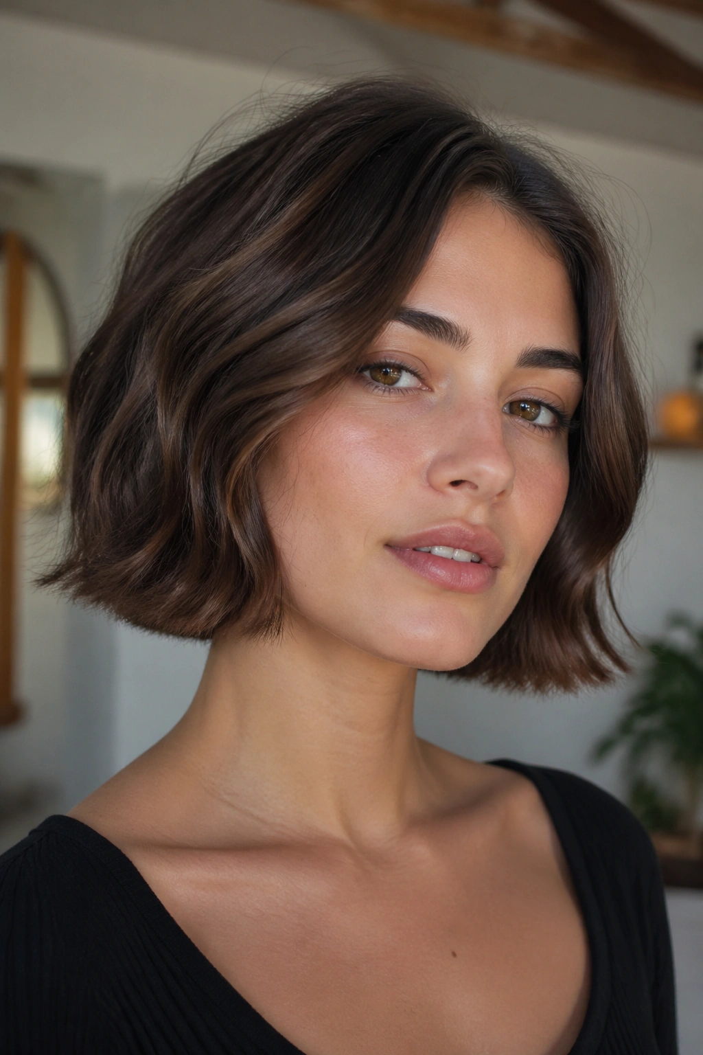 Close-up of a real woman with a micro lob and blunt ends under natural light