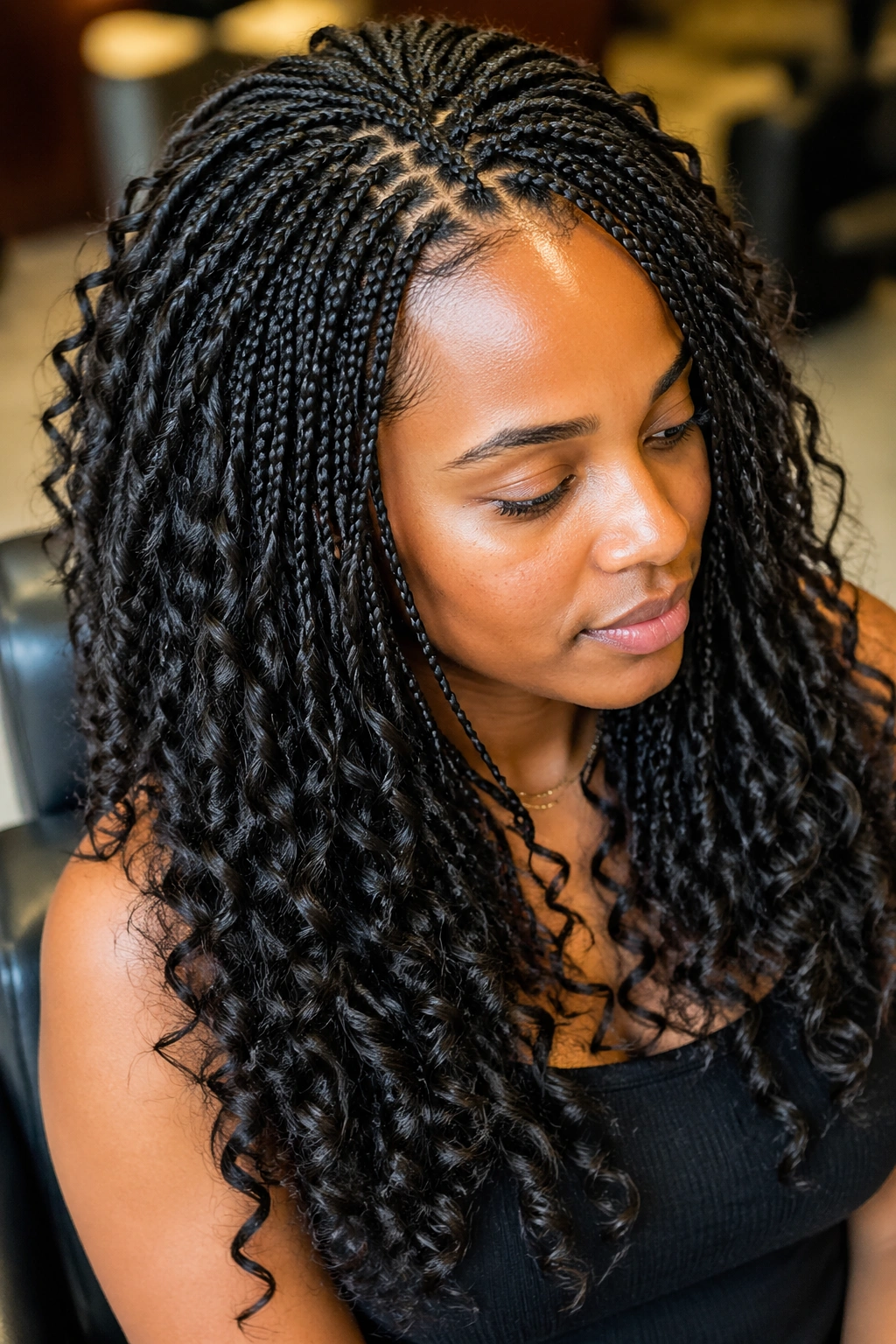 Close-up of a real woman with dense micro braids and curls throughout