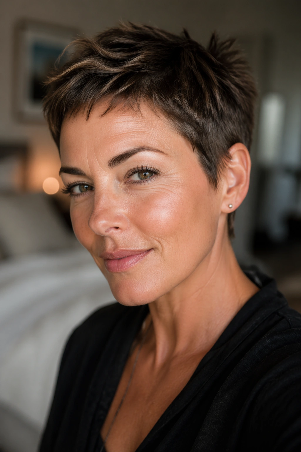 Close-up of a real woman with a choppy micro pixie showing textured top