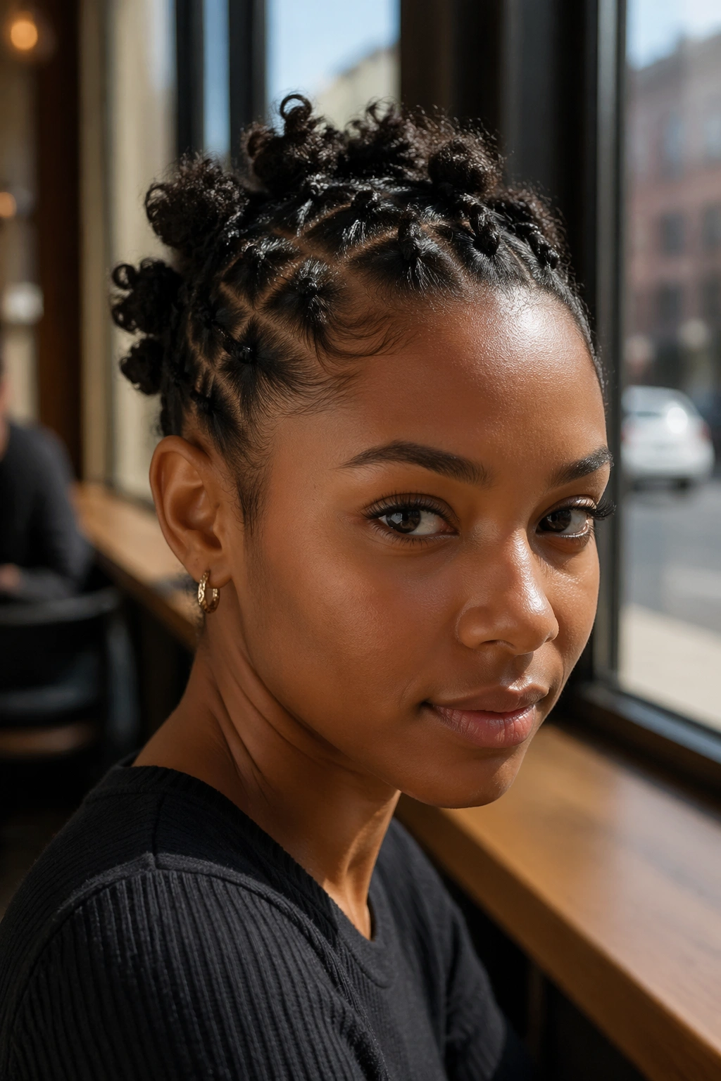Real woman with micro ponytail cluster on crown, 4A hair in natural daylight