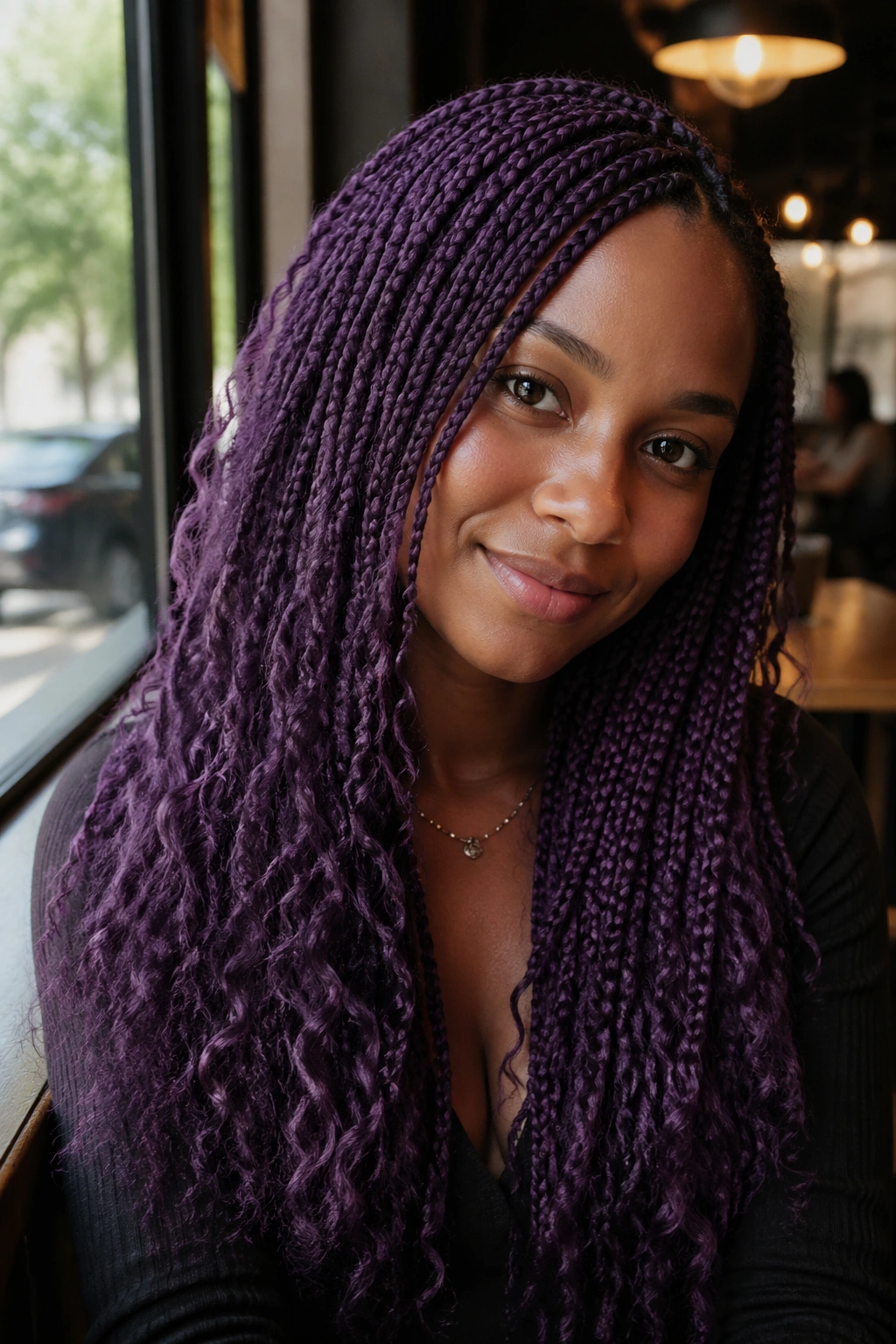 Close-up of a real person with micro purple box braids and soft frizz in a cafe window light