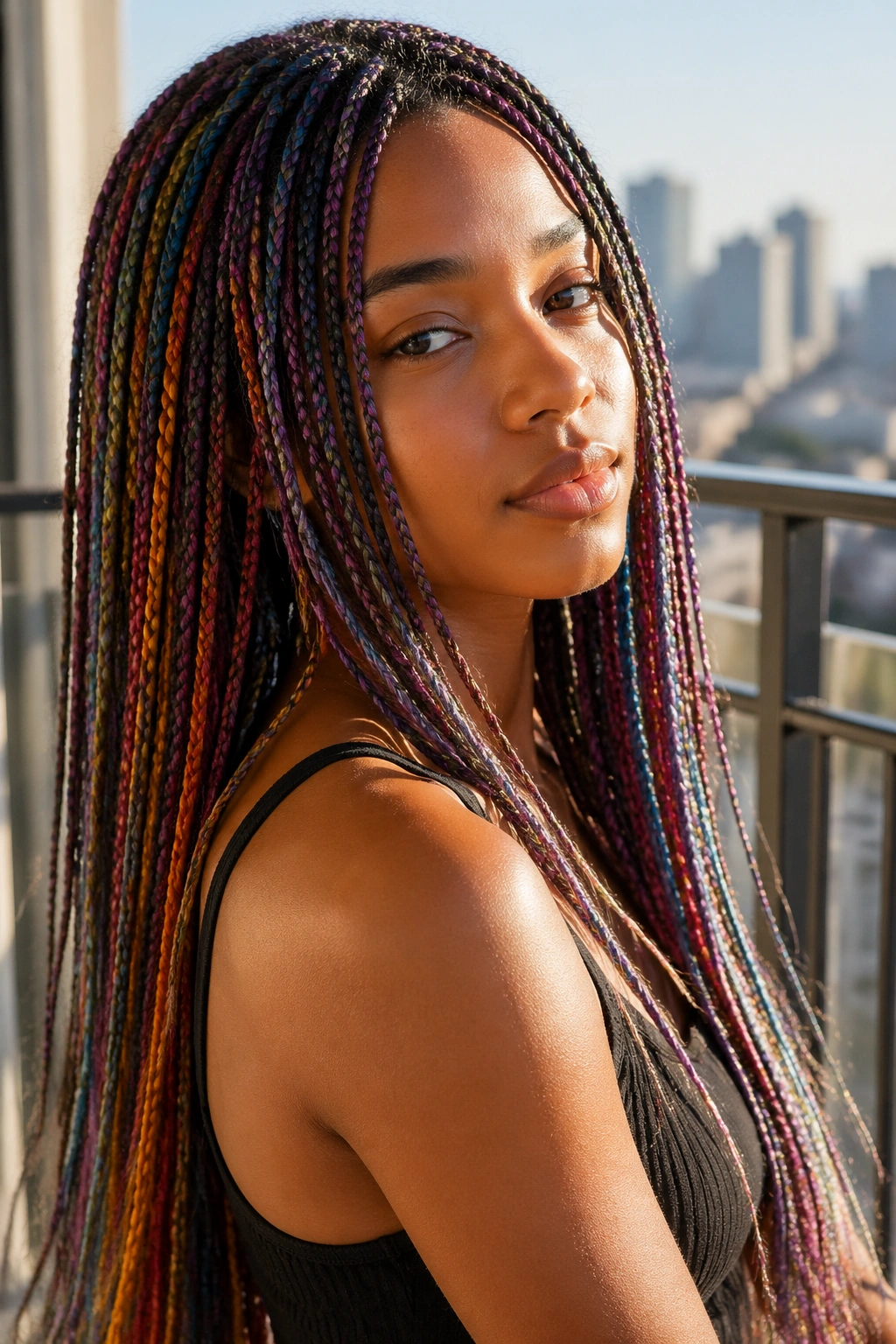 Close-up of a real person with micro rainbow box braids in a sunlit urban balcony