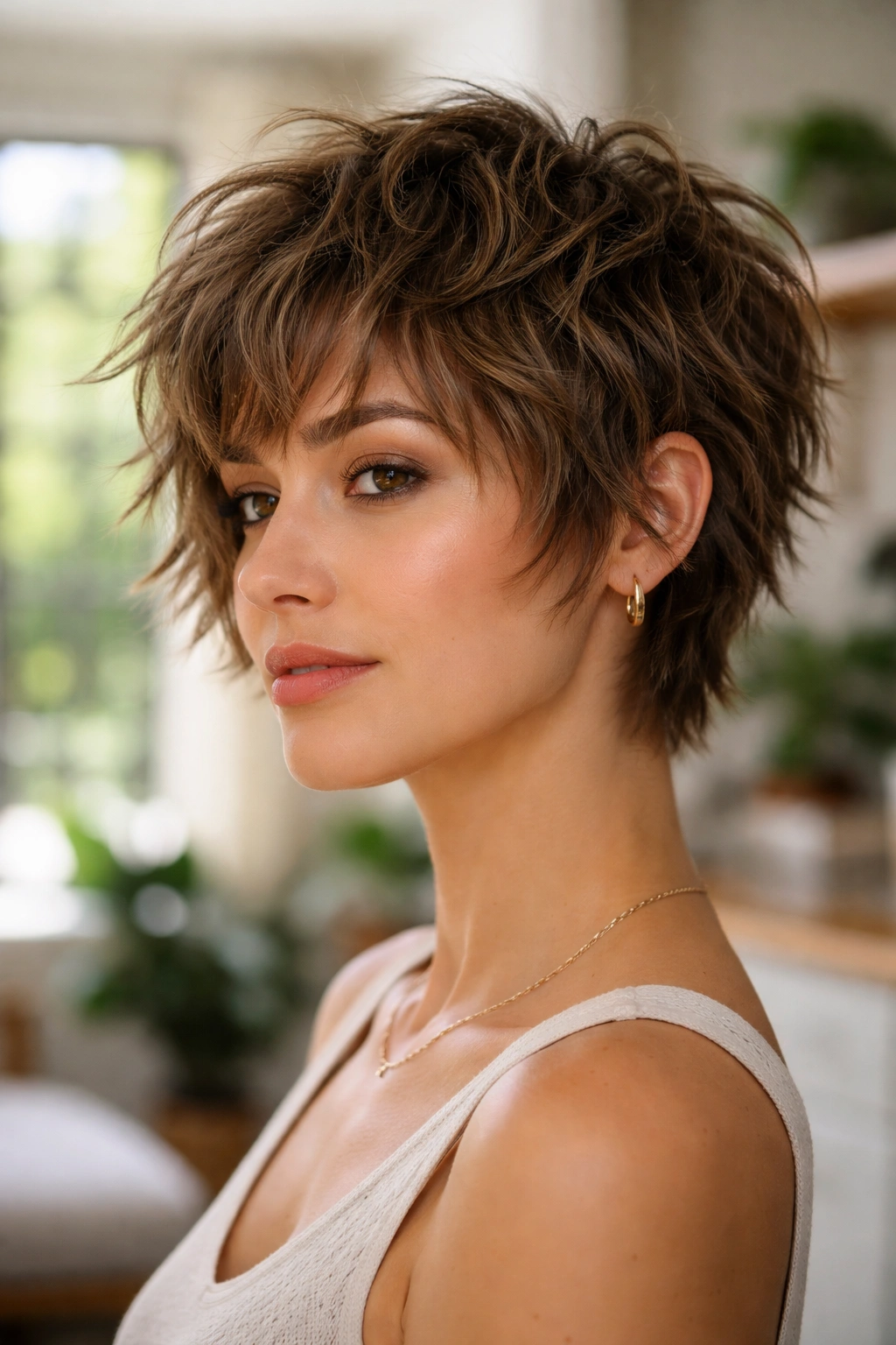 Real woman with micro shag texture under bright daylight