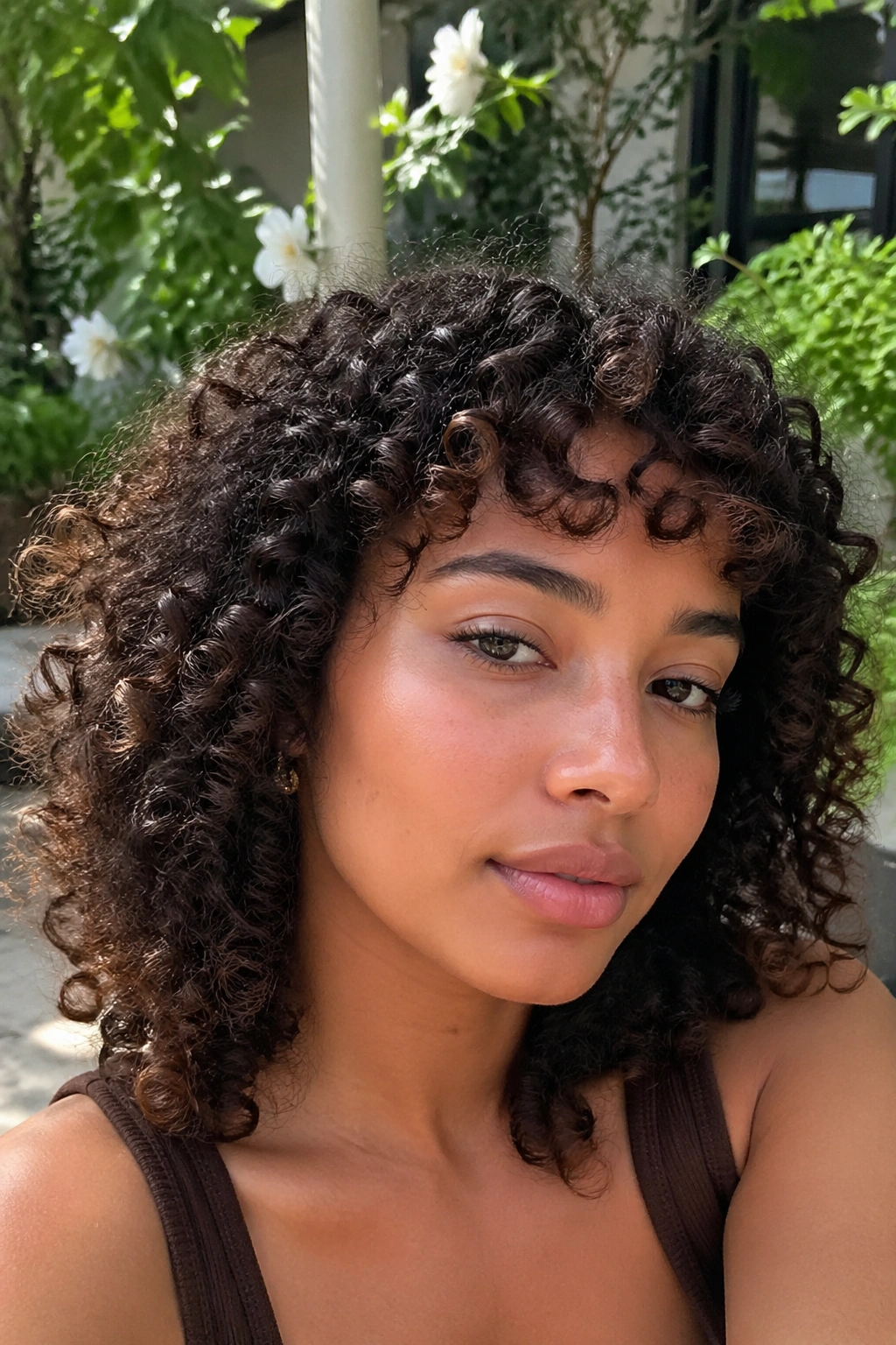 Close-up portrait of a real person with micro side bangs on tight curls
