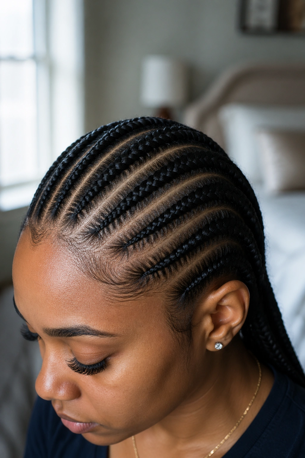 Close-up of a real person with micro-stitch cornrow braids.