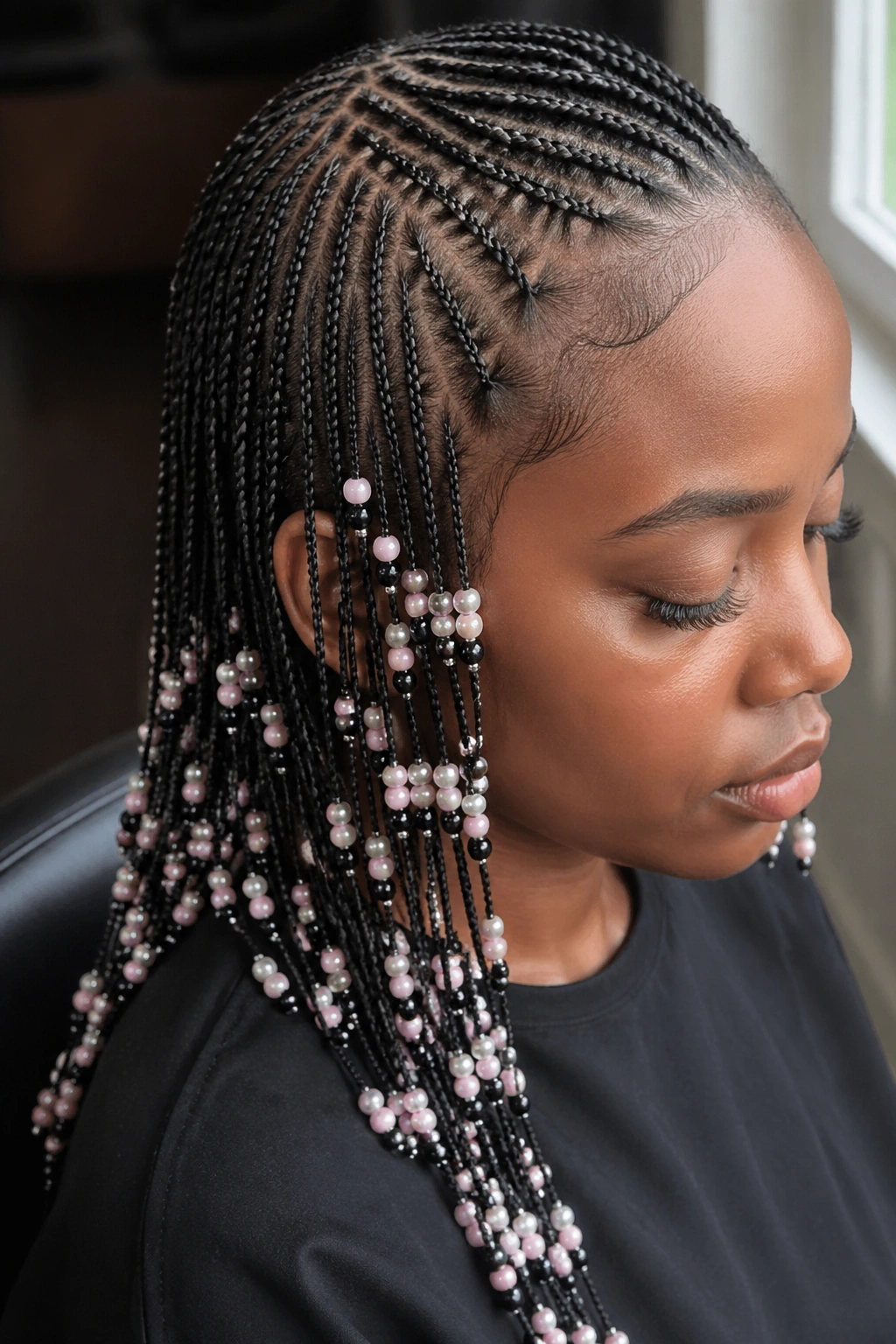 Close-up of a real woman's head with micro-stitch braids and tiny bead clusters along each braid