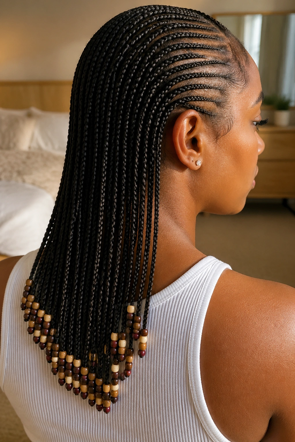 Close-up of micro stitch back cornrows with beaded ends on a real person.