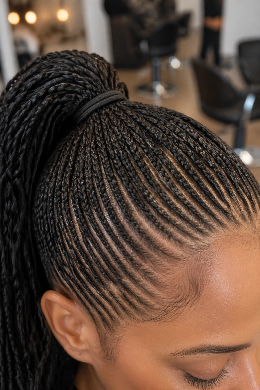 Macro close-up of micro stitch braids in a single ponytail.