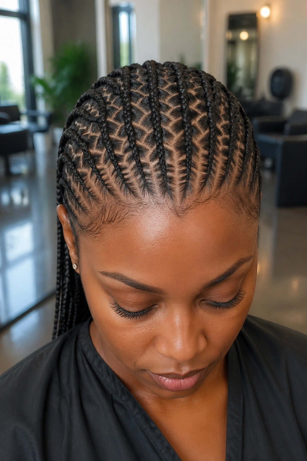 Close-up of micro zigzag cornrows on a real Black woman in a styling studio.