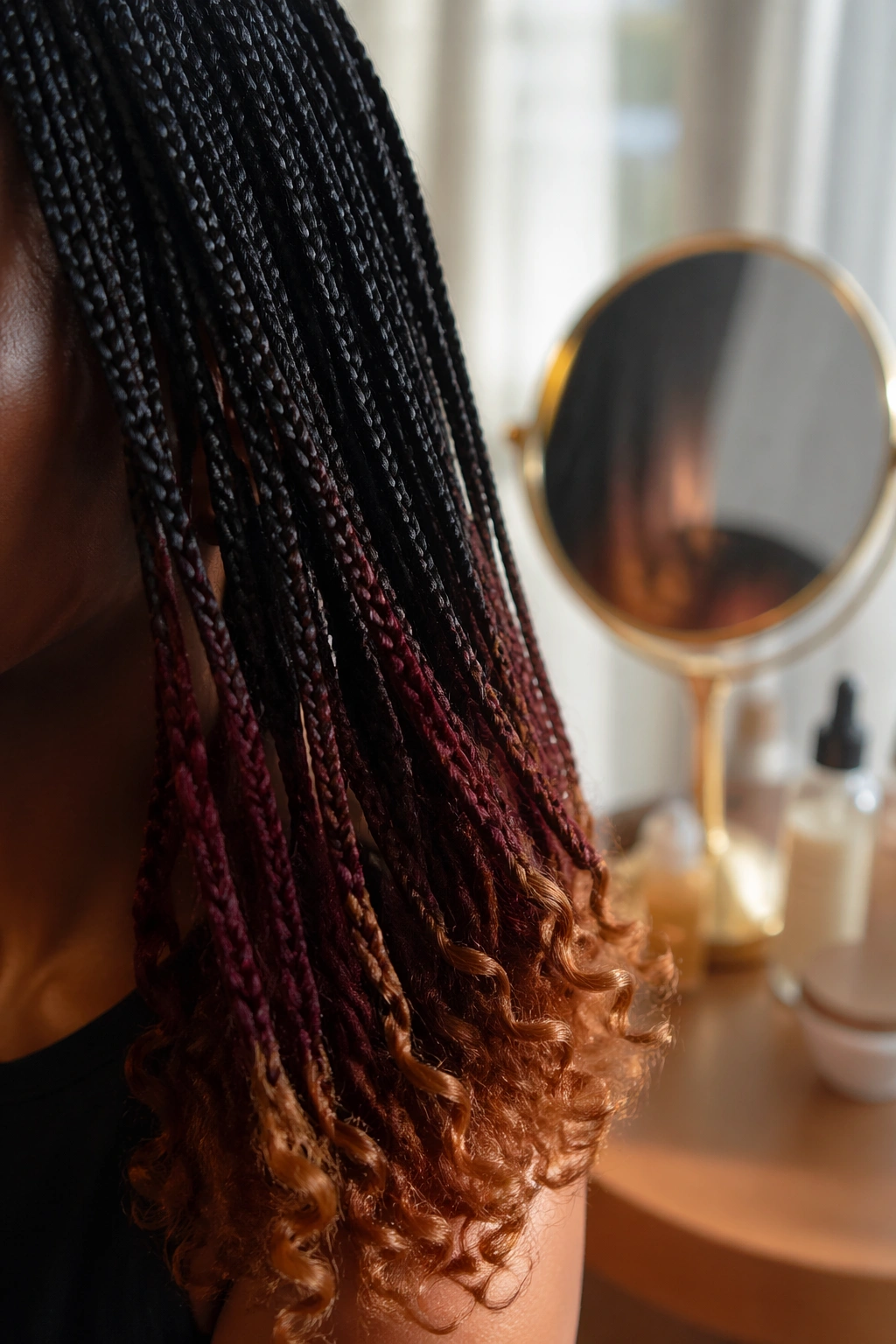 Close-up of color-blocked micro braids at a sunlit vanity.