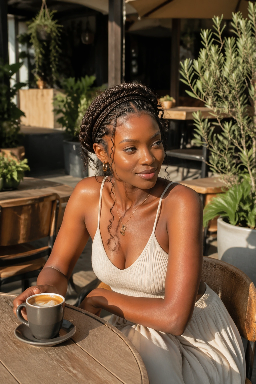 Wide outdoor shot of crown halo micro braids in golden hour.