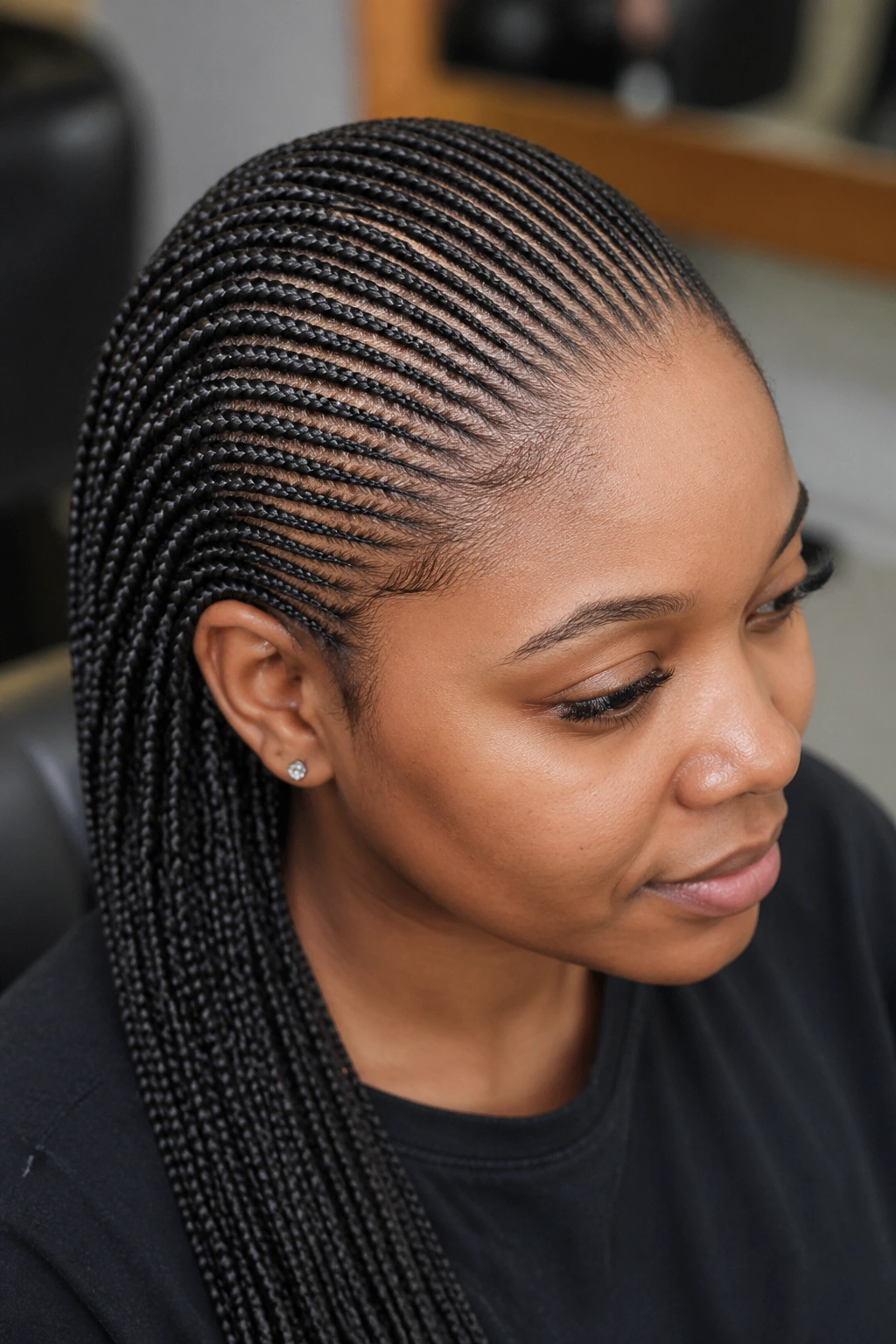 Close-up of ultra-thin microcornrows across the scalp on a real person