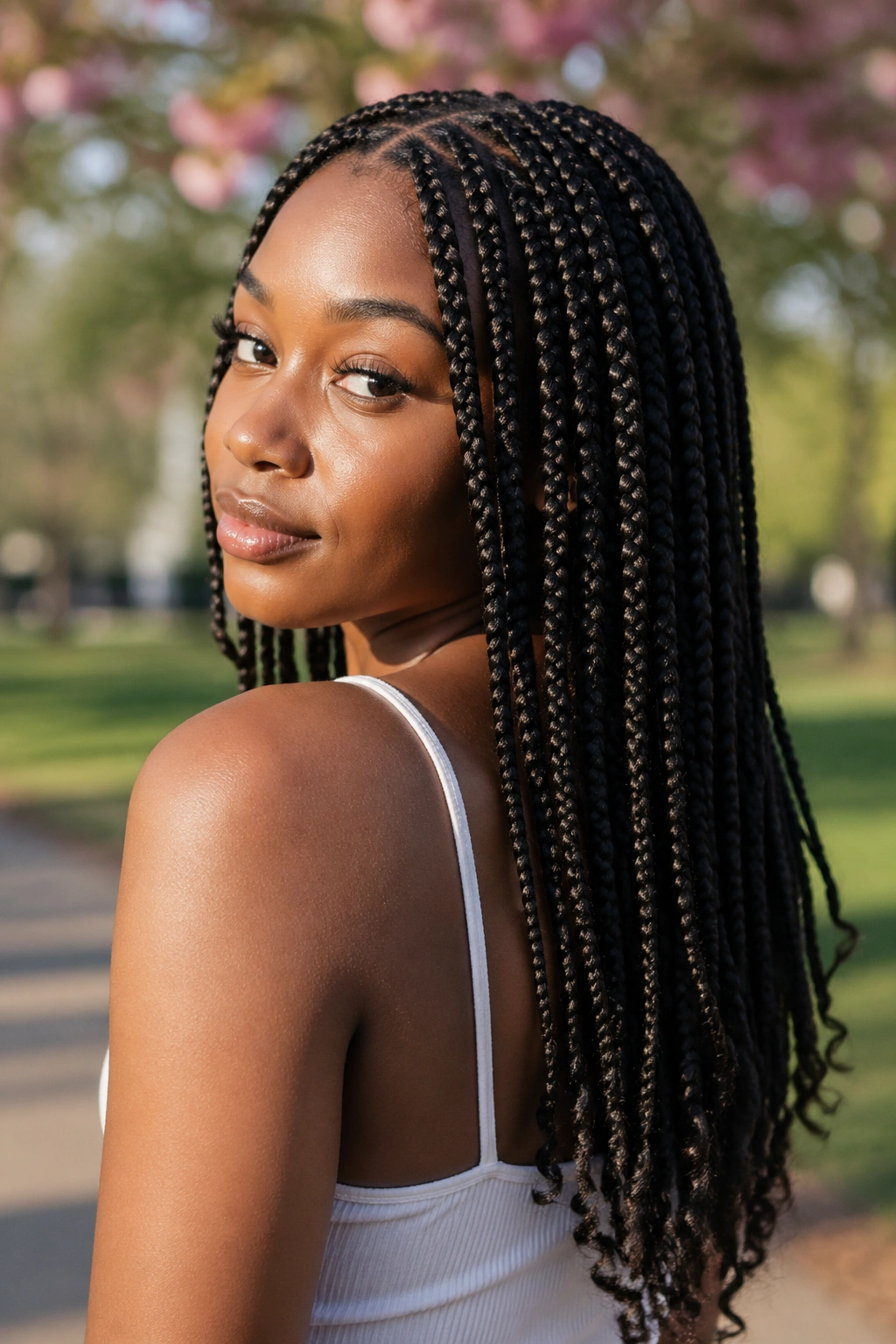Mid-back length box braids on a real person in a park setting