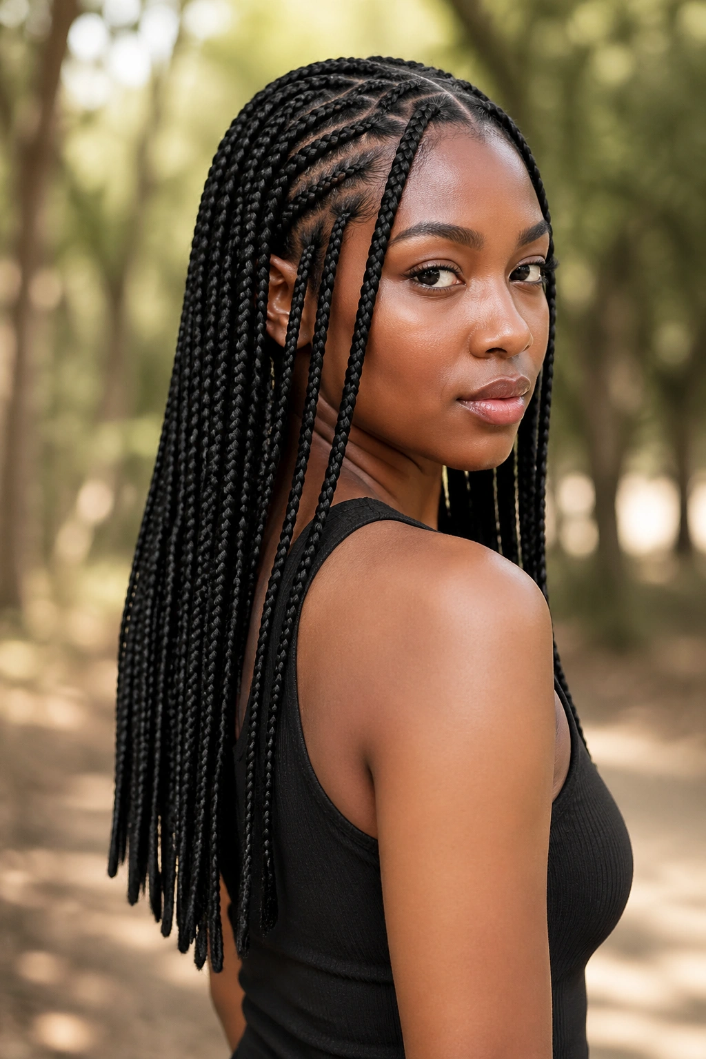 Close-up of real woman with mid-back Fulani box braids