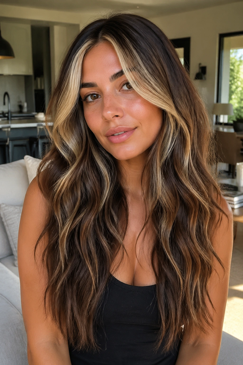 Close-up of a woman with mid-back layered hair and a bright money piece