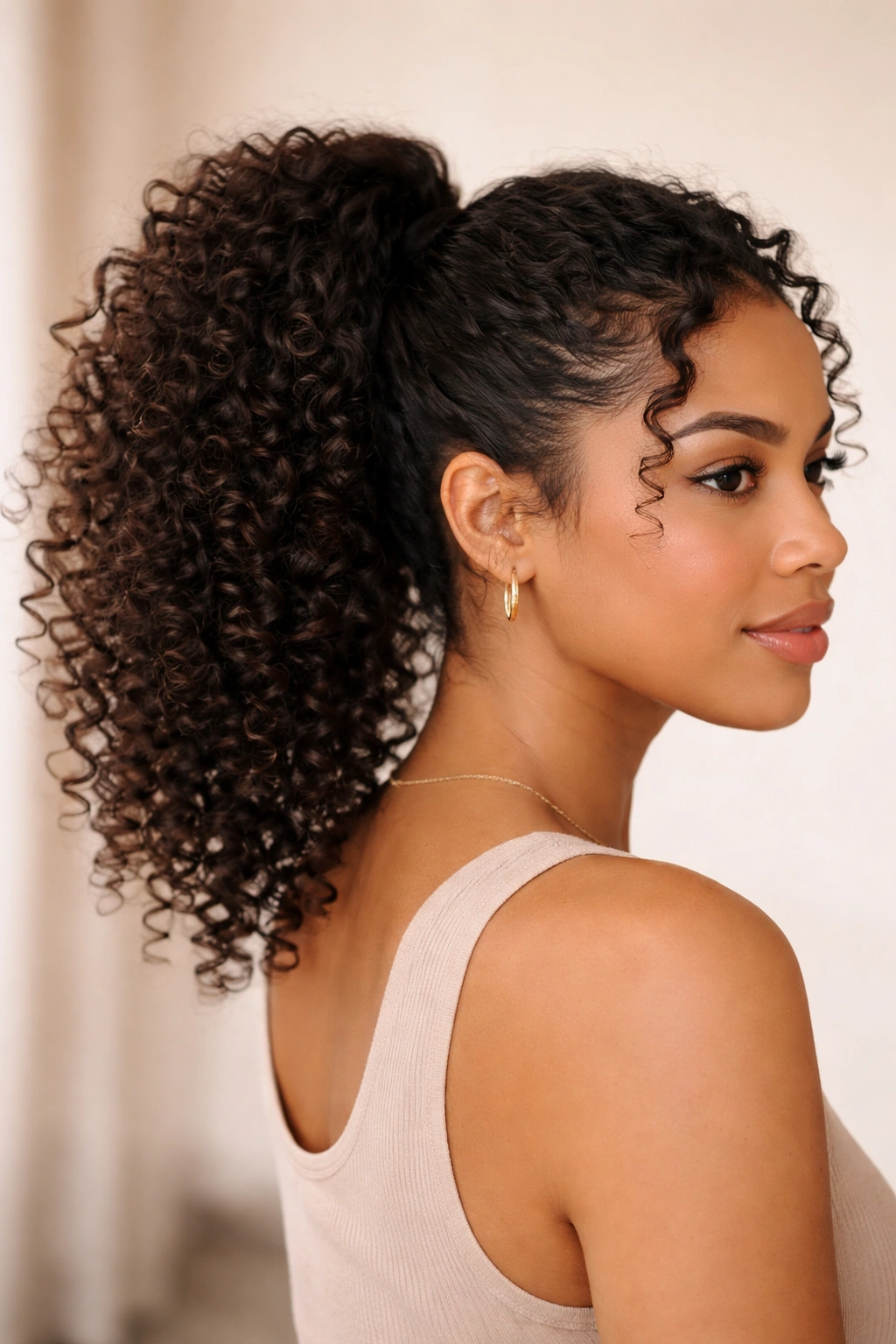 Three-quarter view of a mid-height ponytail showing lift and side fullness on 3B hair