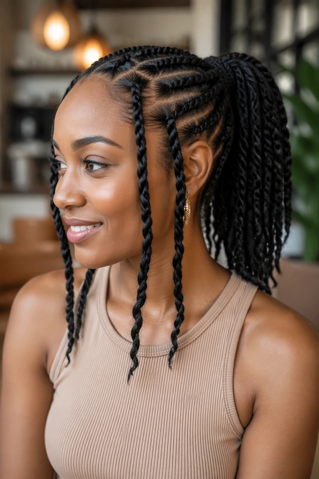 3/4 view of a real woman with a mid-height cornrow ponytail and rope twists.