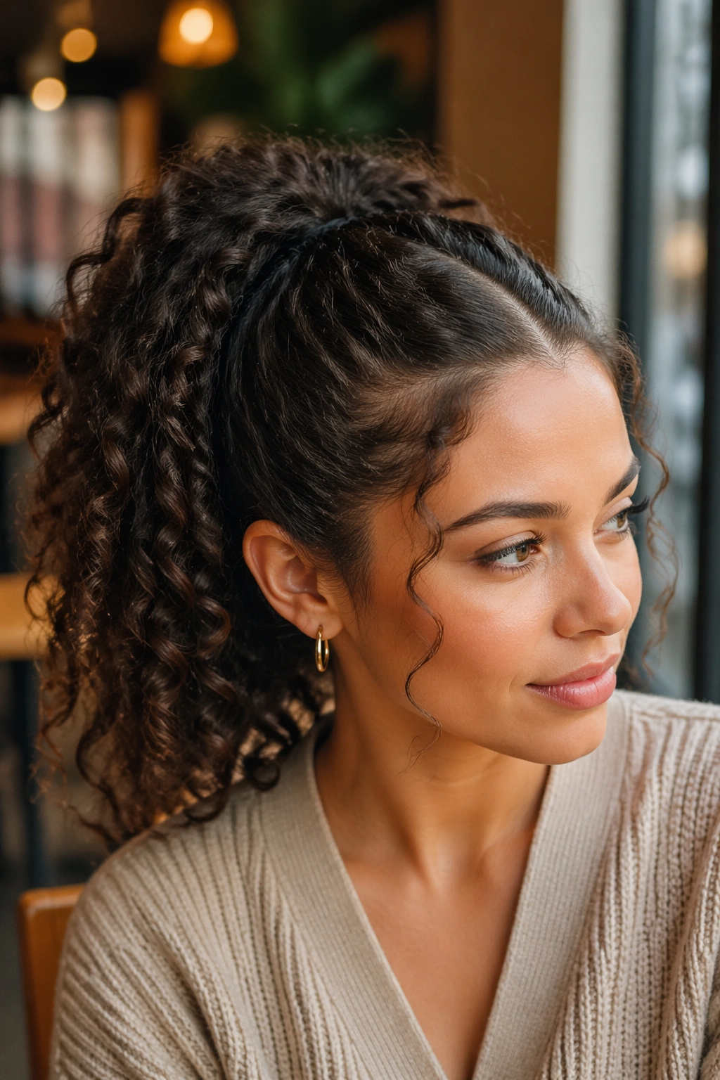 Close-up of real person with mid-height curly V-part ponytail.