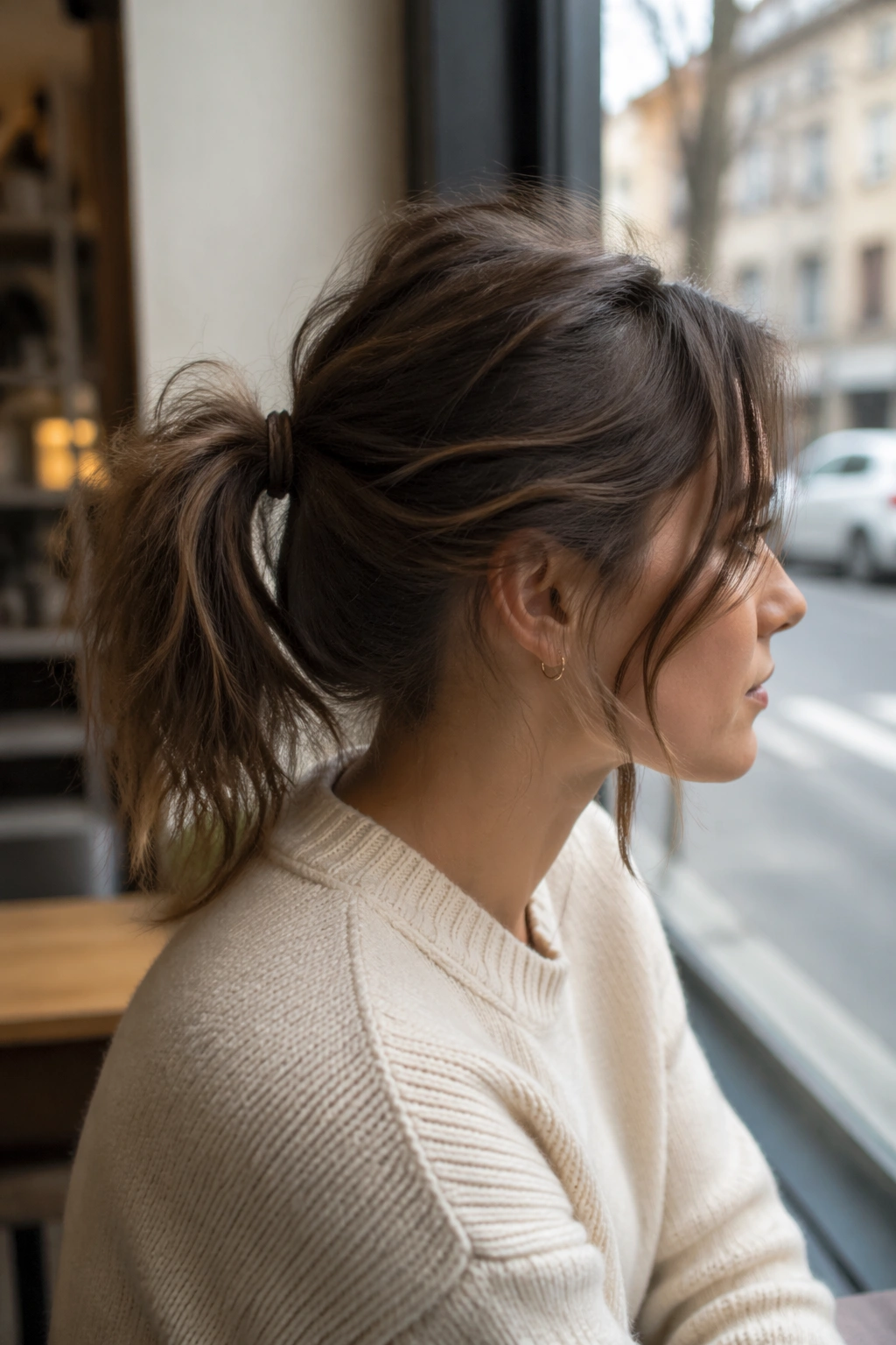 Side profile of mid-height messy ponytail in cafe