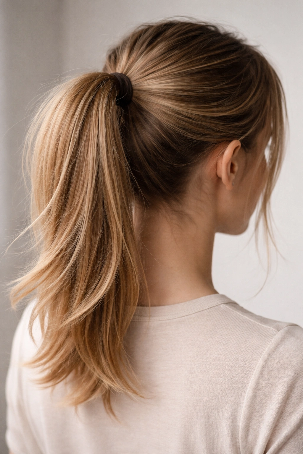 Close-up of a mid-height ponytail with bent ends on straight hair