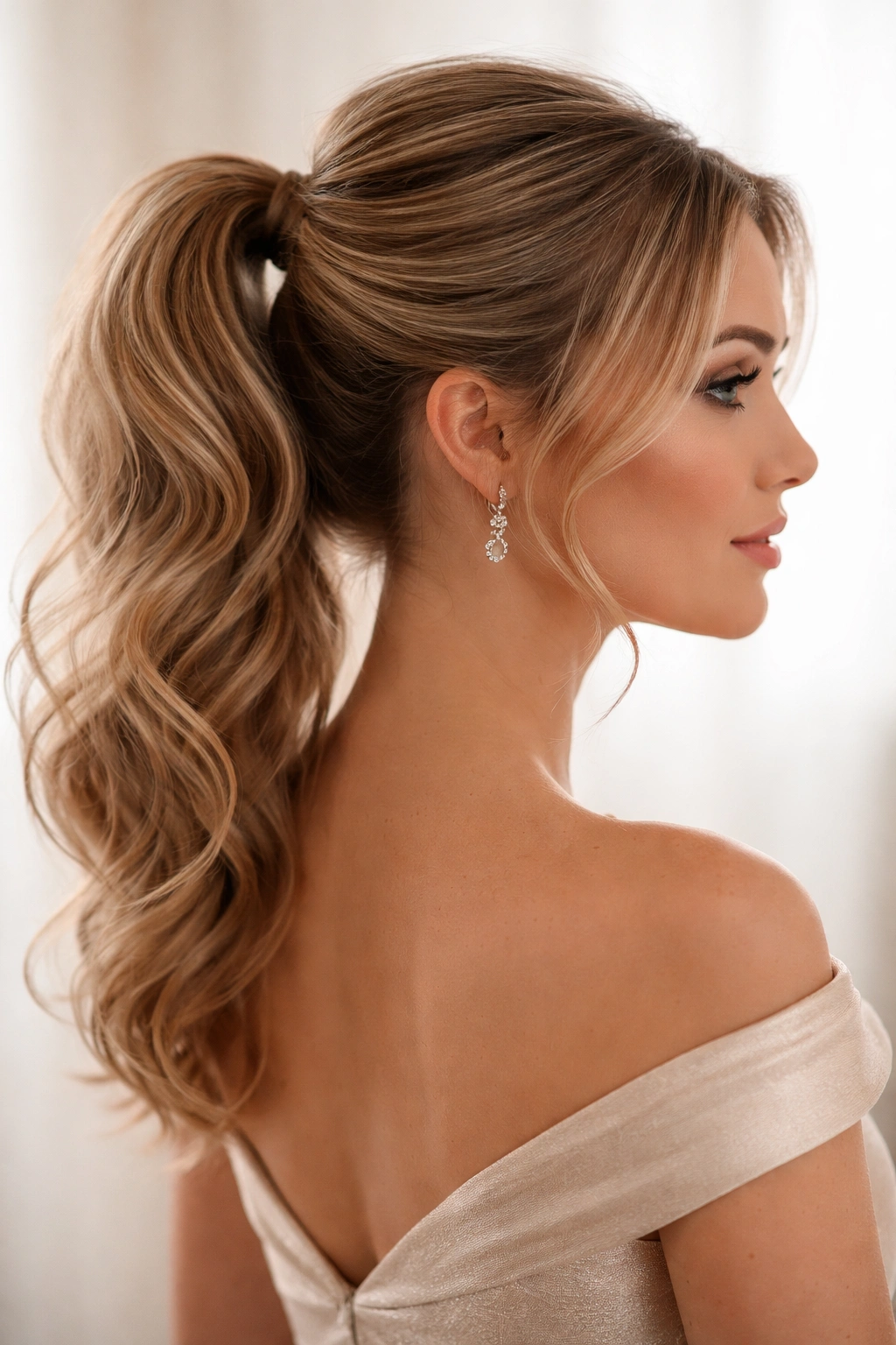 Mid-height ponytail with crown volume and smooth top layer