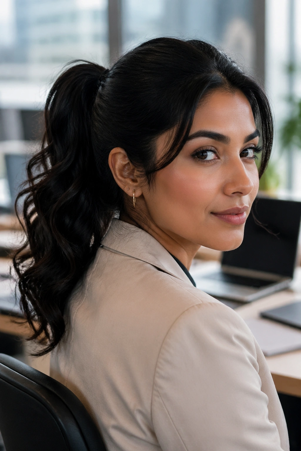 Real woman with a mid-height ponytail in a modern office setting.