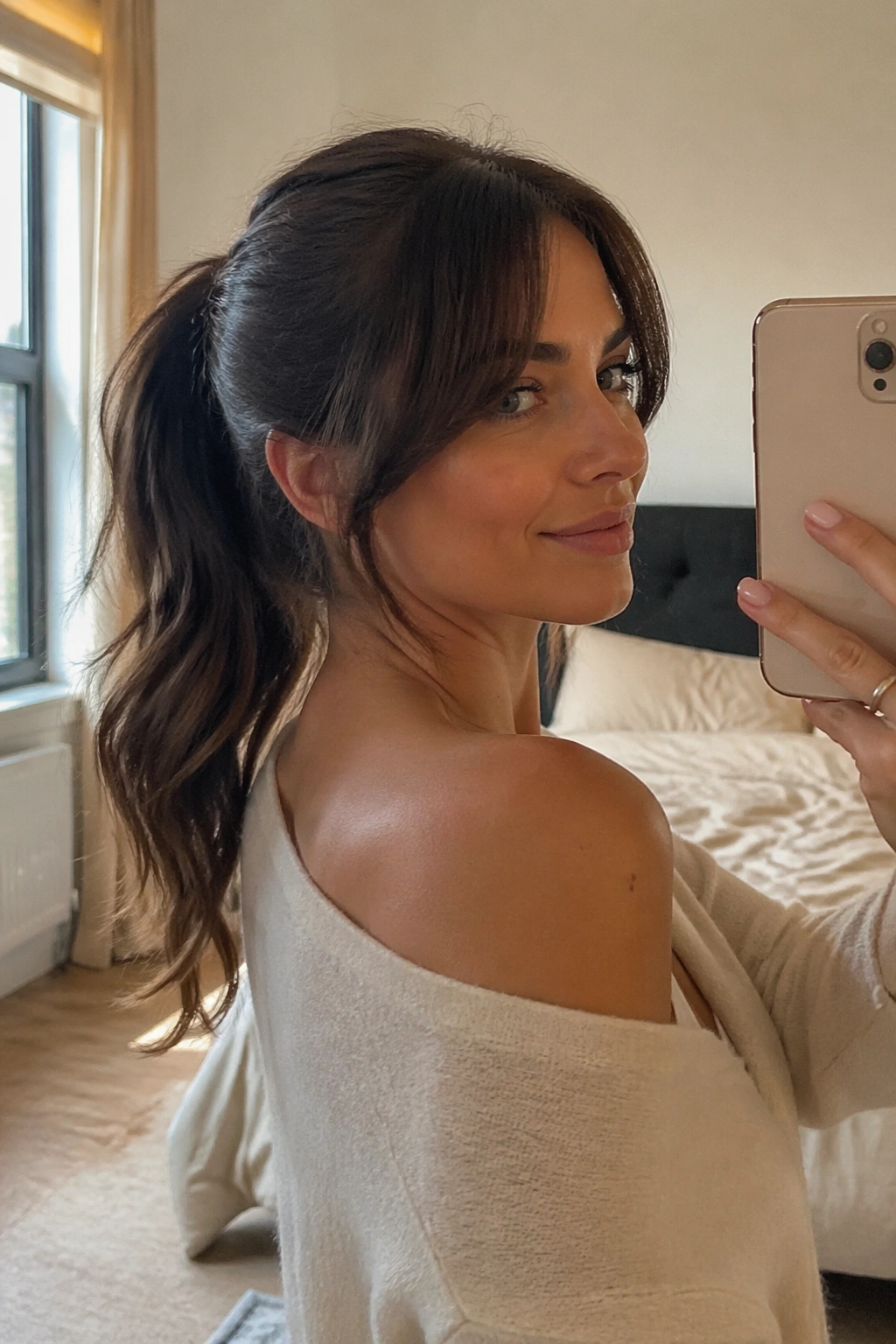 Mid-height ponytail with curtain bangs in bedroom mirror selfie.