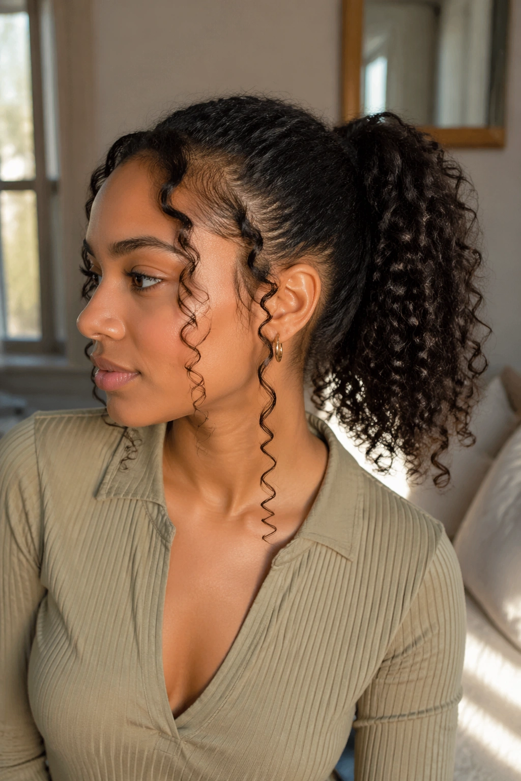 Close-up of a real woman showing a mid-height ponytail with face-framing spirals.